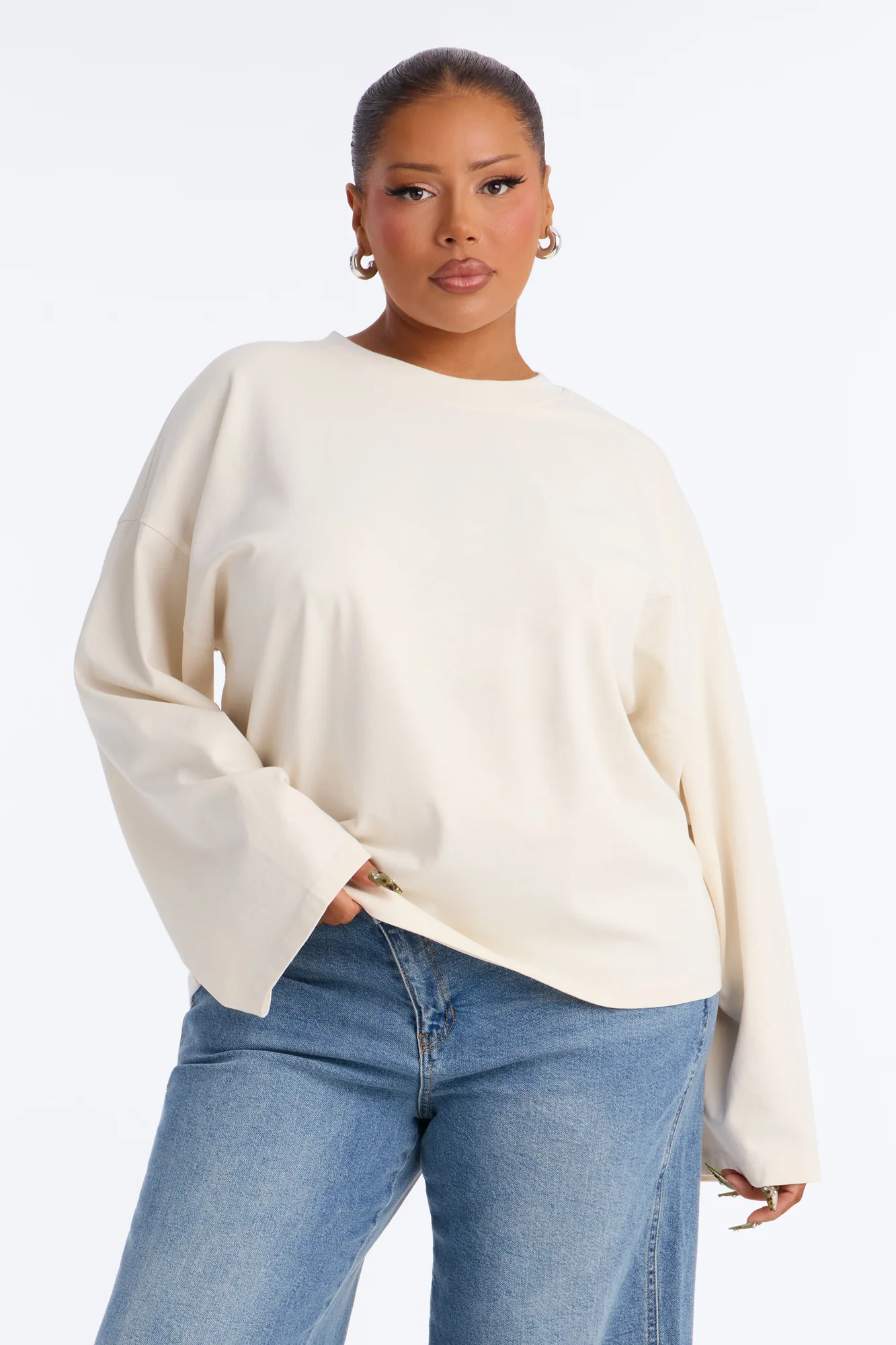 Arissa Crew Neck Long Sleeve Oversized T-Shirt - Cream - Image 5