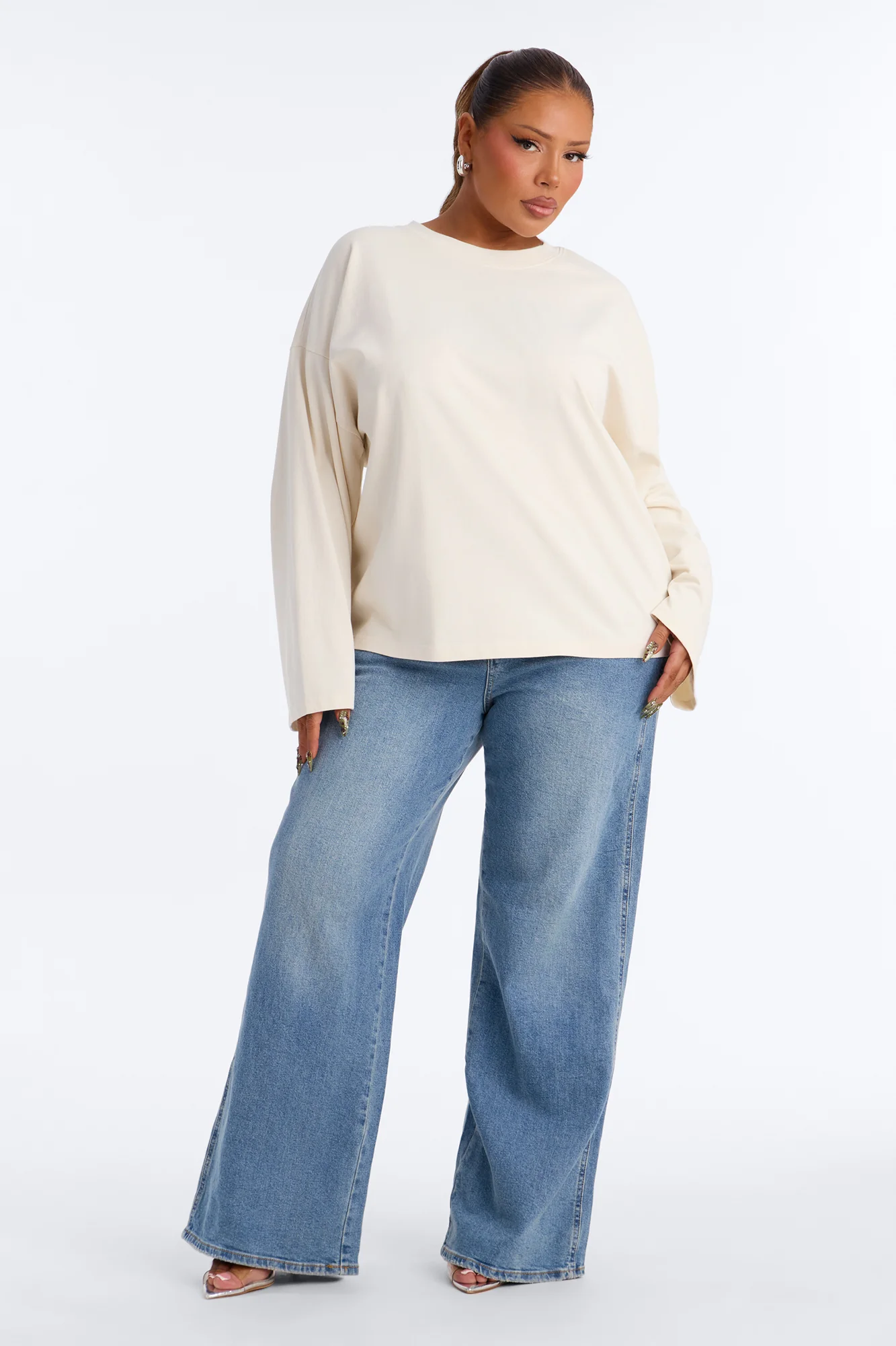 Arissa Crew Neck Long Sleeve Oversized T-Shirt - Cream - Image 6