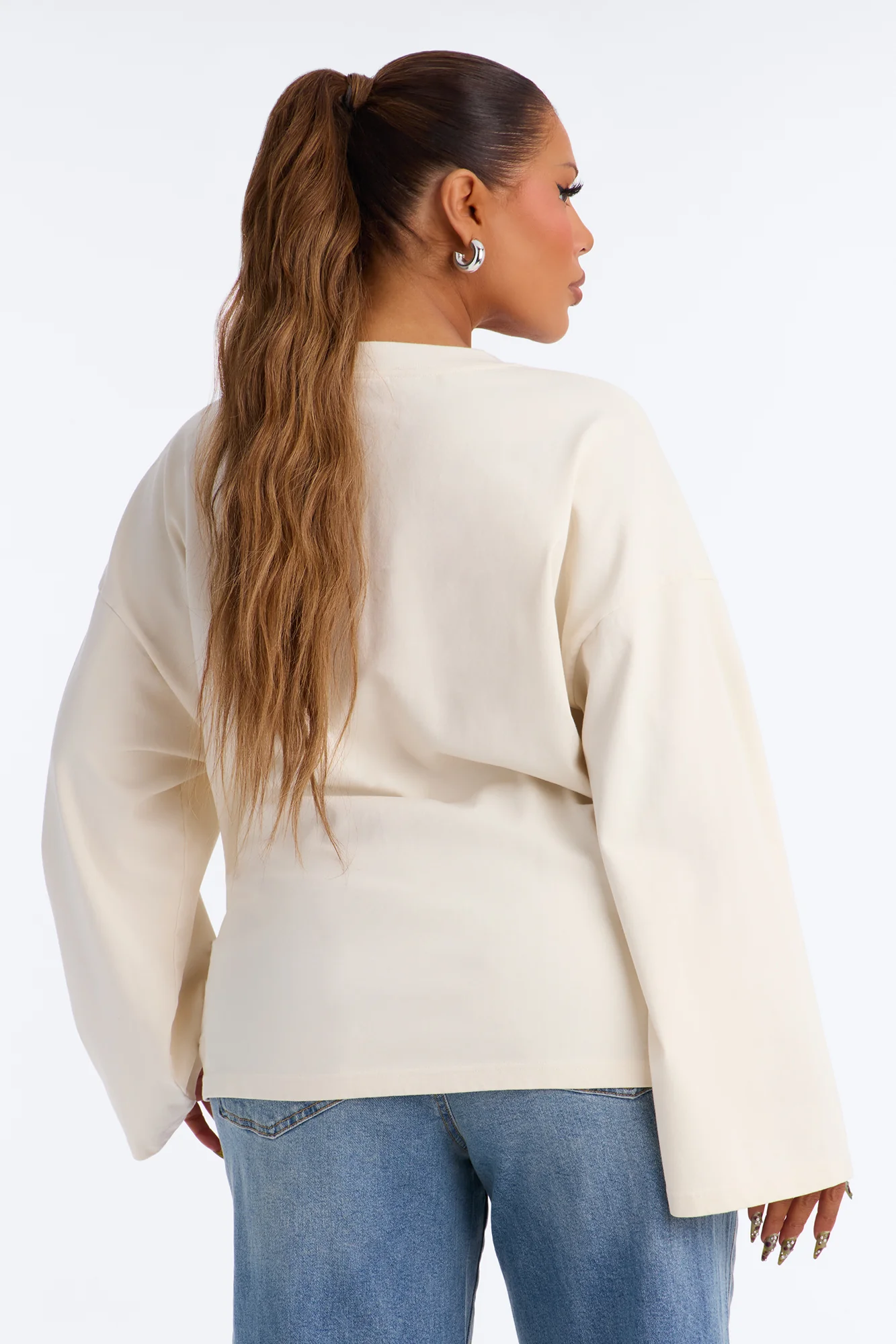Arissa Crew Neck Long Sleeve Oversized T-Shirt - Cream - Image 7