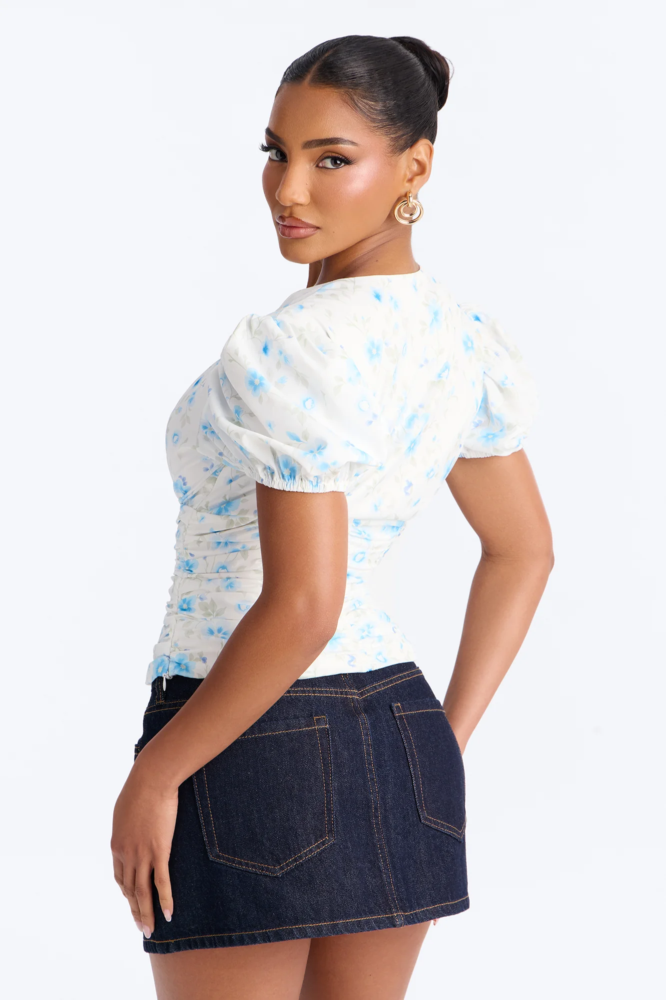 Arlene Puff Sleeved Floral Chiffon Top - Blue/combo - Image 3