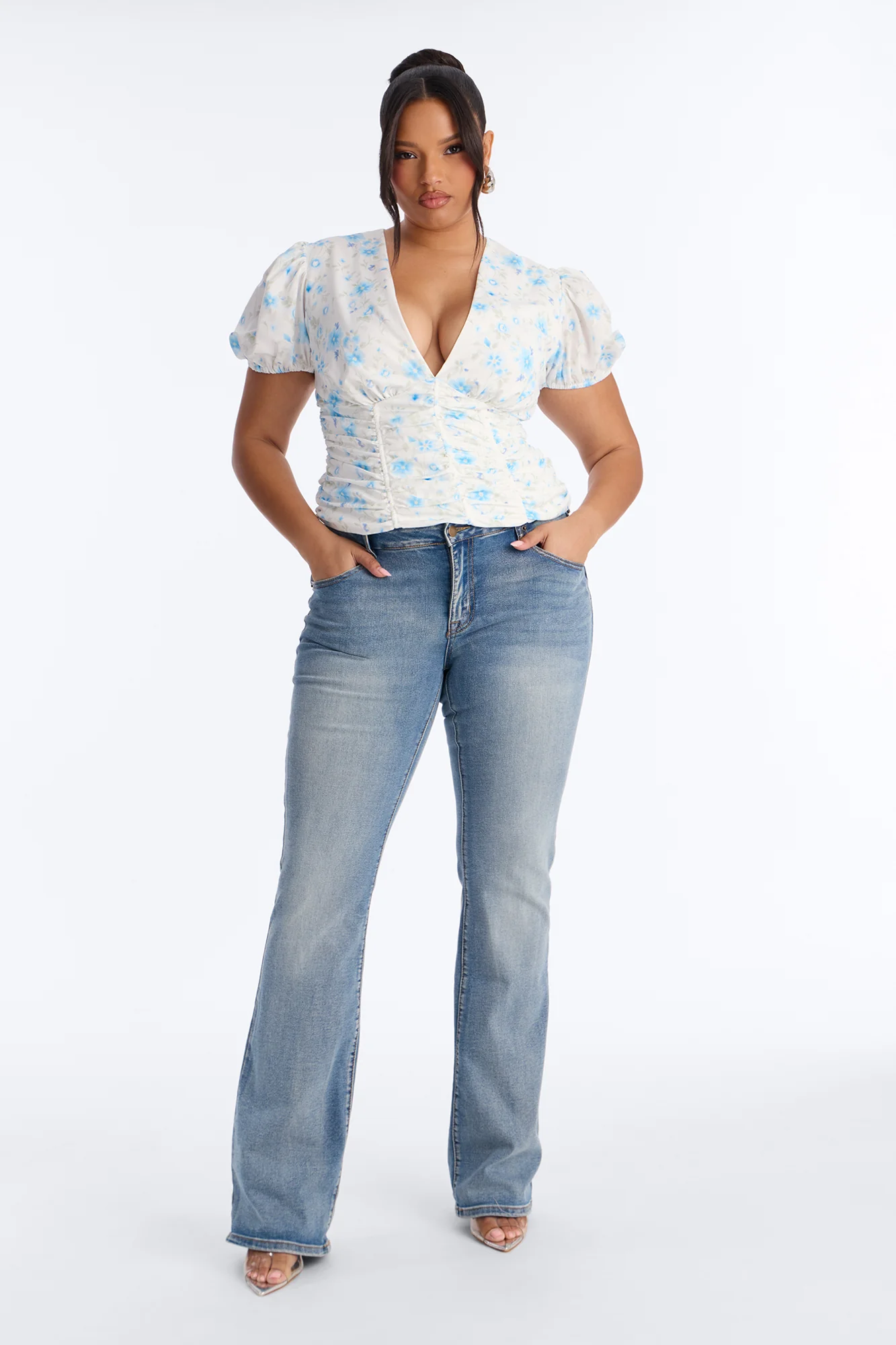 Arlene Puff Sleeved Floral Chiffon Top - Blue/combo - Image 4