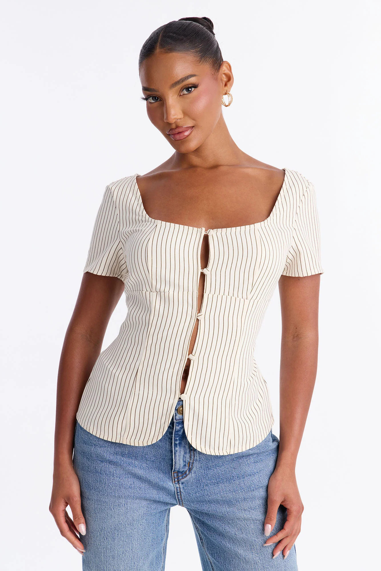 Arlette Poplin Button Up Short Sleeve Top - Cream/combo
