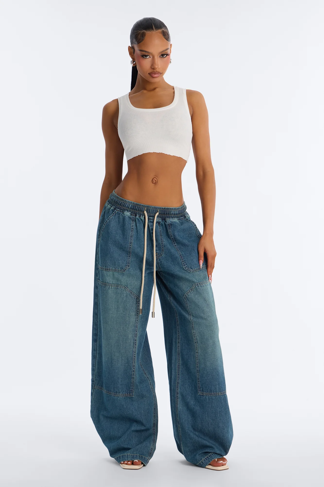 Around The World Linen Blend Pull On Jeans - Dark Wash - Image 2
