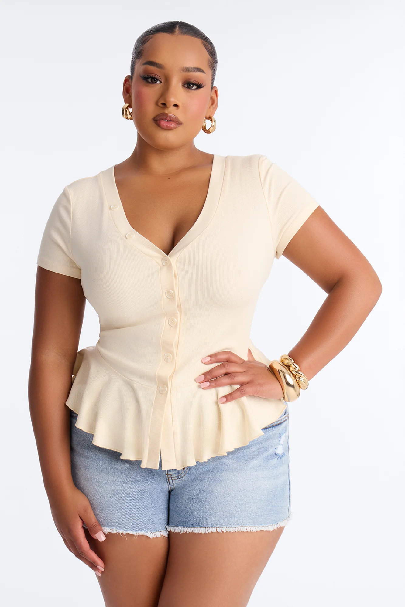 Arrow Short Sleeve Button Up Top - Ivory - Image 5