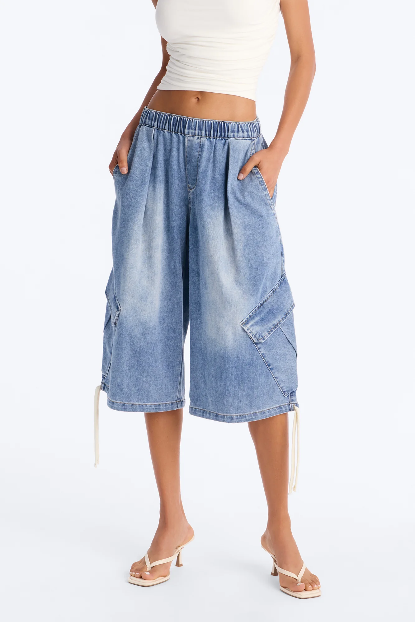 Aruba Pull On Cargo Denim Jorts - Light Wash - Image 3