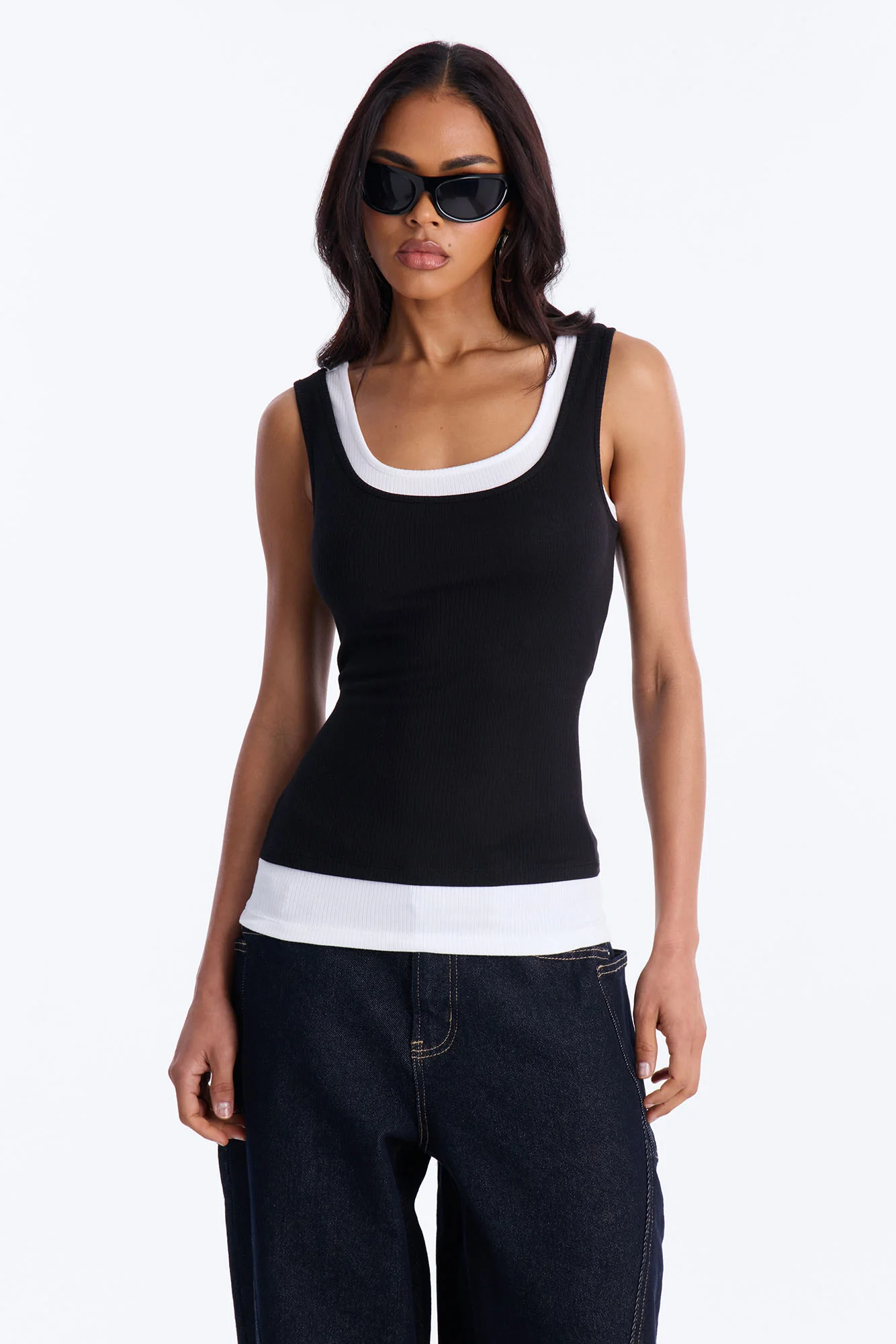 Ashlee Ribbed Layered Off Shoulder Tank Top - Black/White