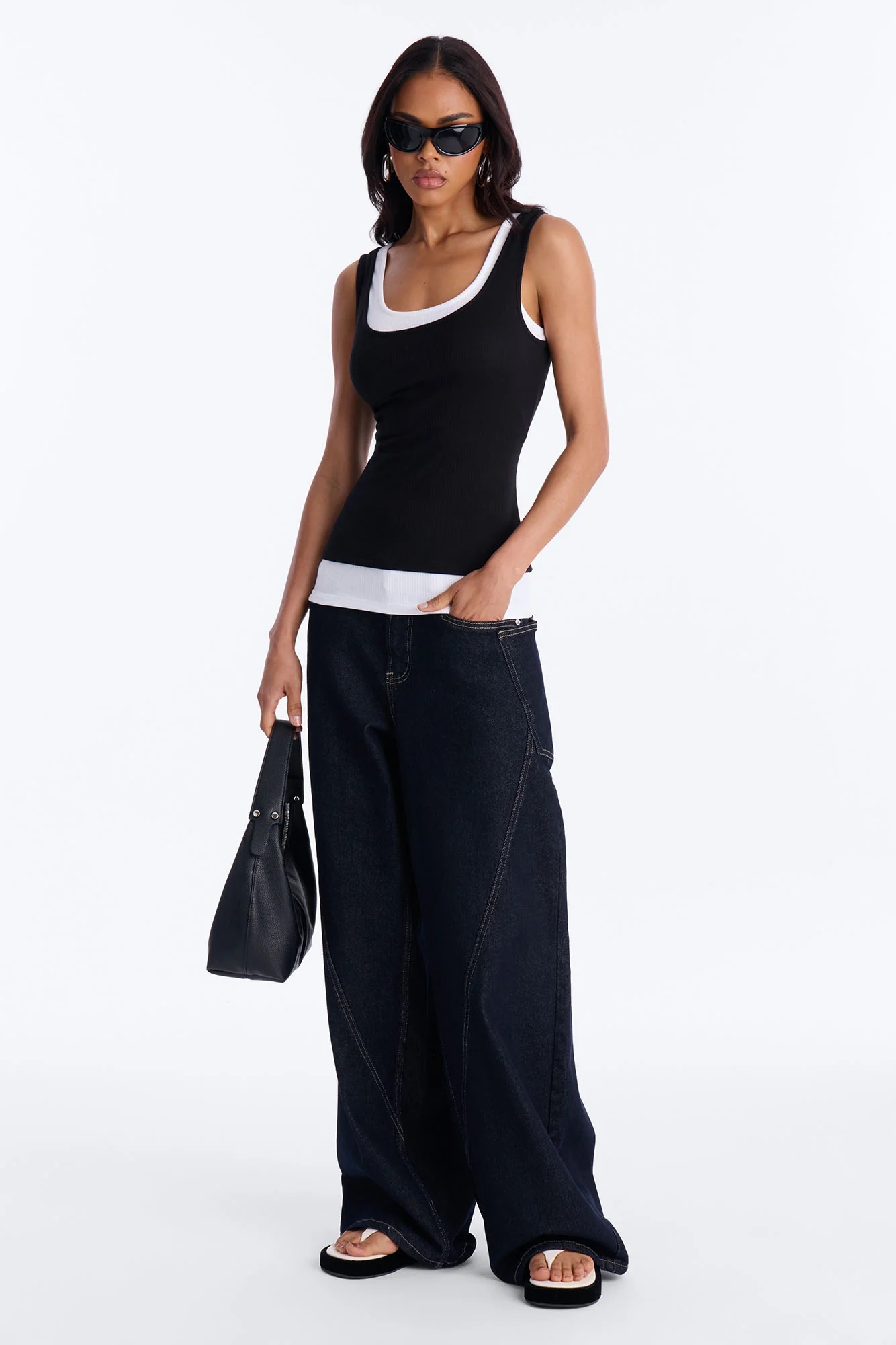 Ashlee Ribbed Layered Off Shoulder Tank Top - Black/White - Image 2