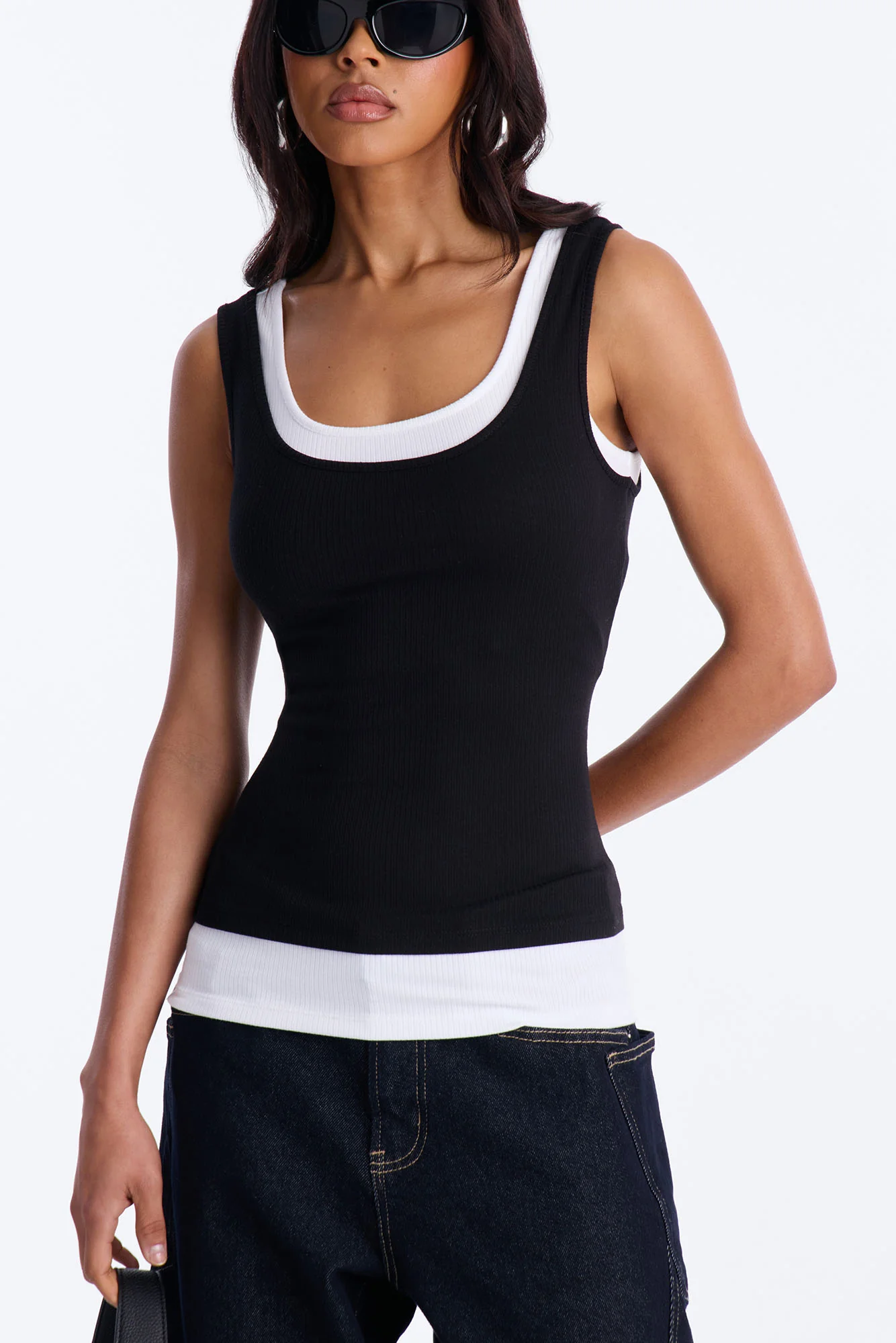 Ashlee Ribbed Layered Off Shoulder Tank Top - Black/White - Image 3