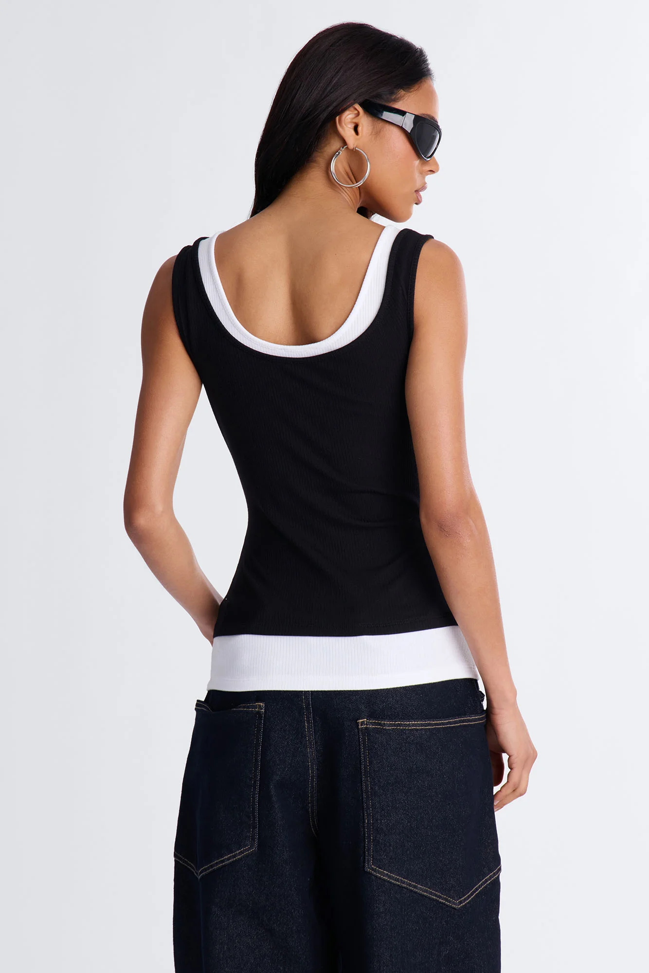 Ashlee Ribbed Layered Off Shoulder Tank Top - Black/White - Image 4