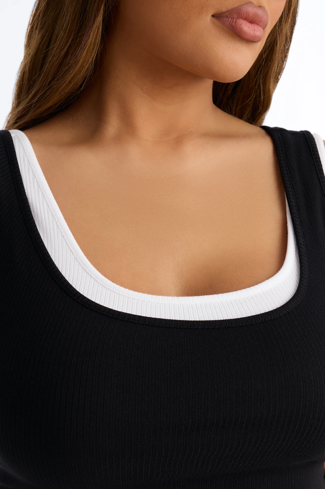 Ashlee Ribbed Layered Off Shoulder Tank Top - Black/White - Image 7