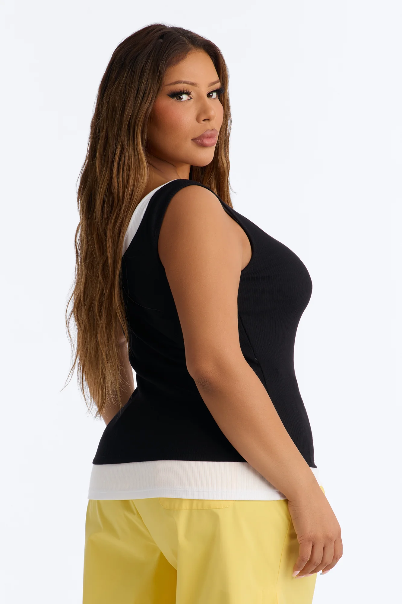 Ashlee Ribbed Layered Off Shoulder Tank Top - Black/White - Image 8