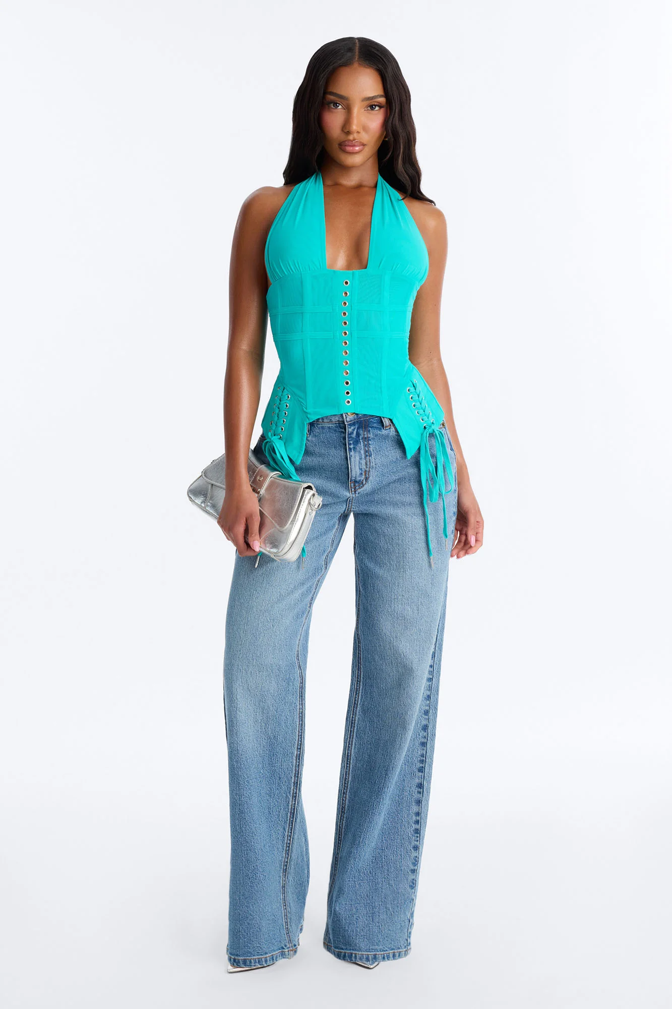 Ate Down Mesh Lace Up Corset Halter Top - Blue - Image 2