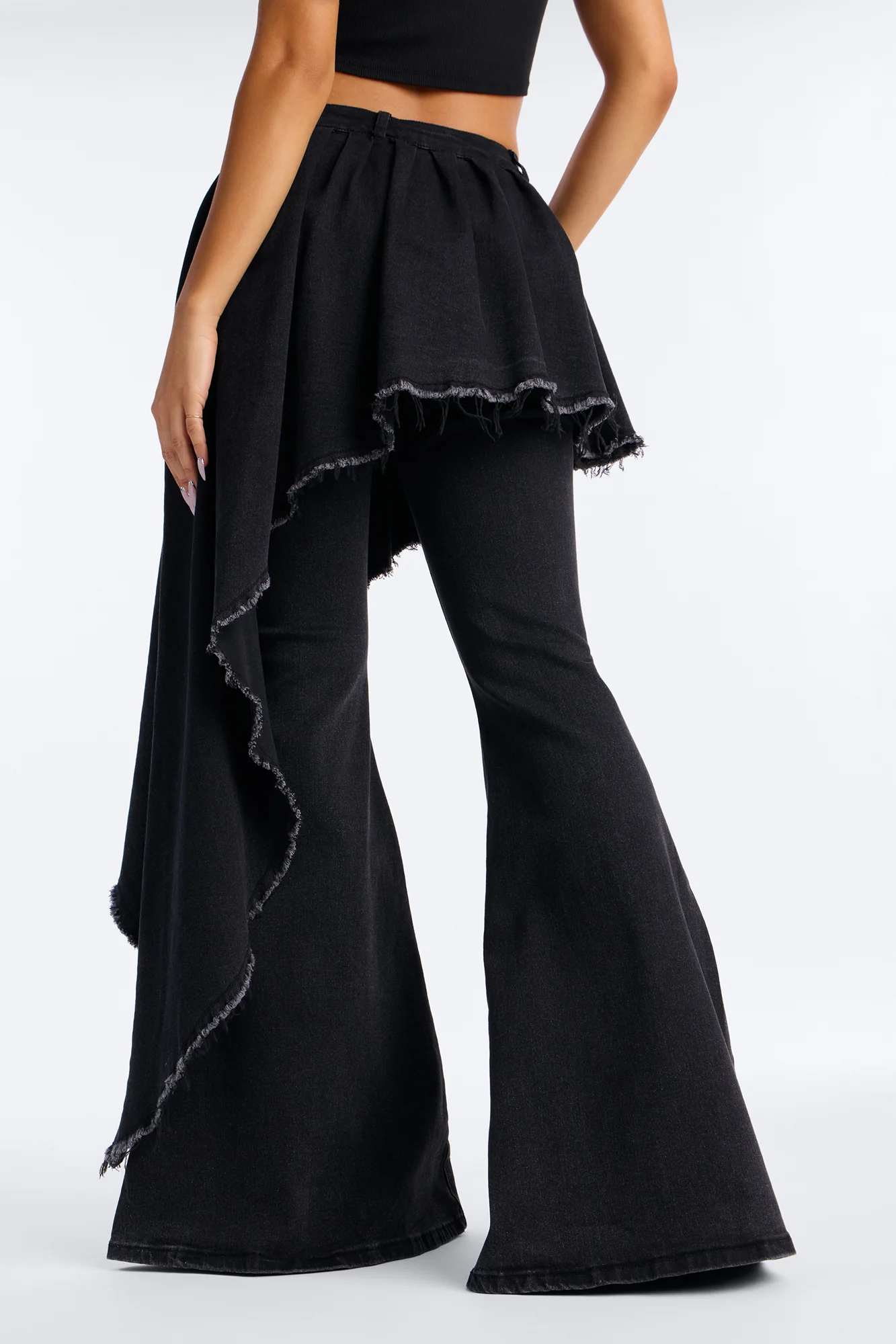 Attachment Issues Skirt Layer Ripped Stretch Flare Jeans - Black Wash - Image 4