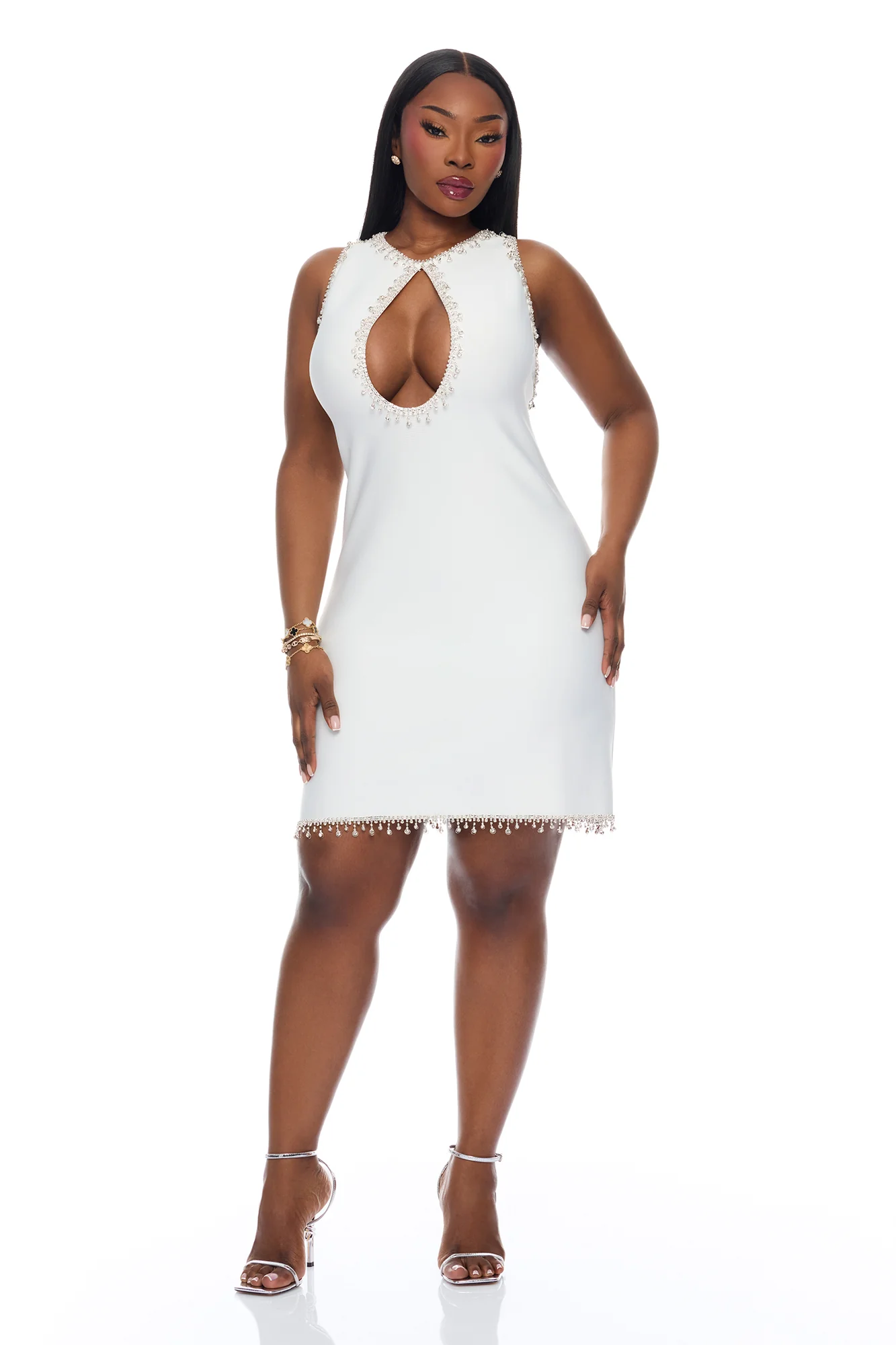 Aubrie Rhinestone Trim Bandage Mini Dress - White - Image 6