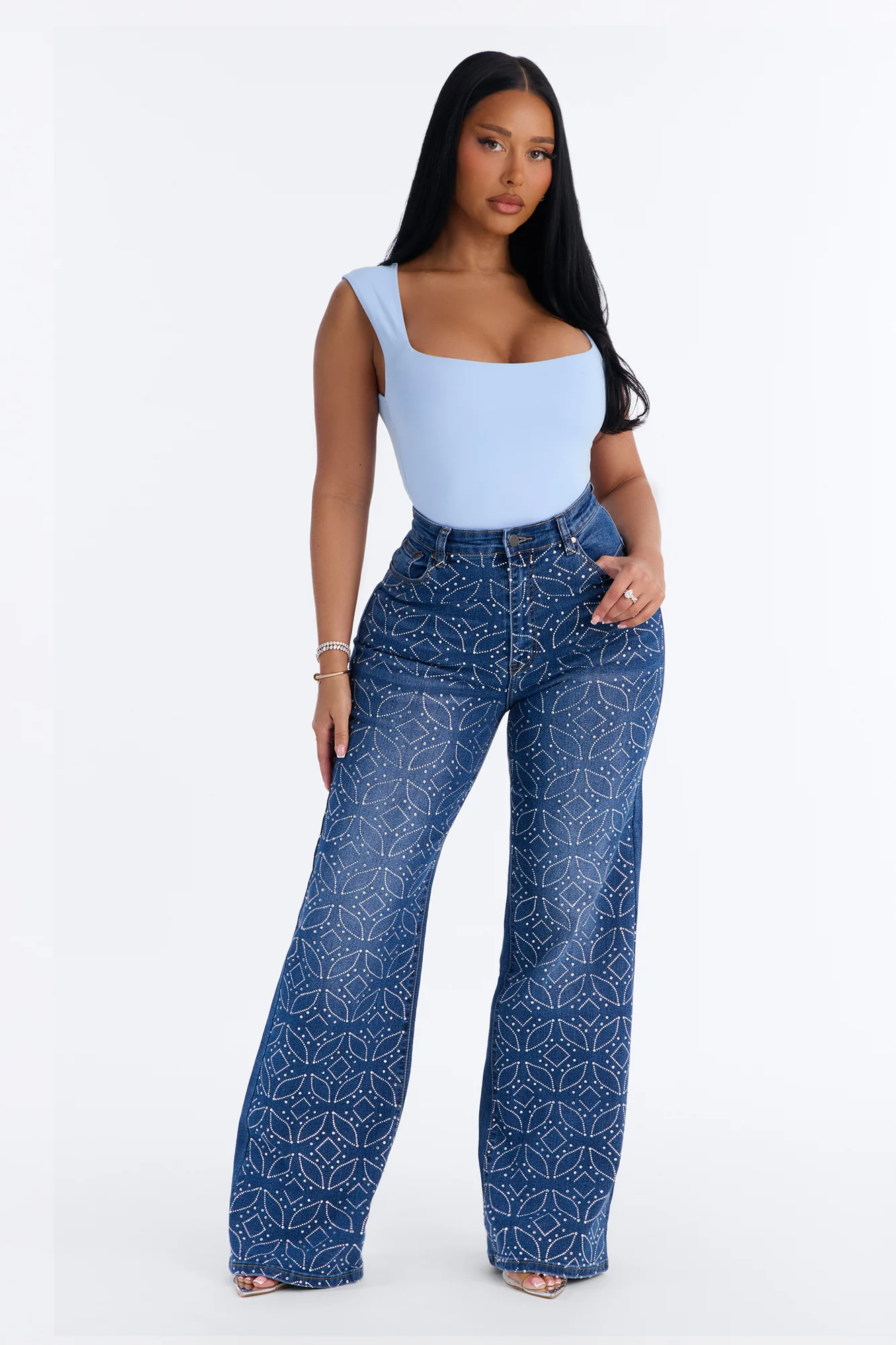 Austin Embellished High Rise Stretch Jeans - Medium Wash