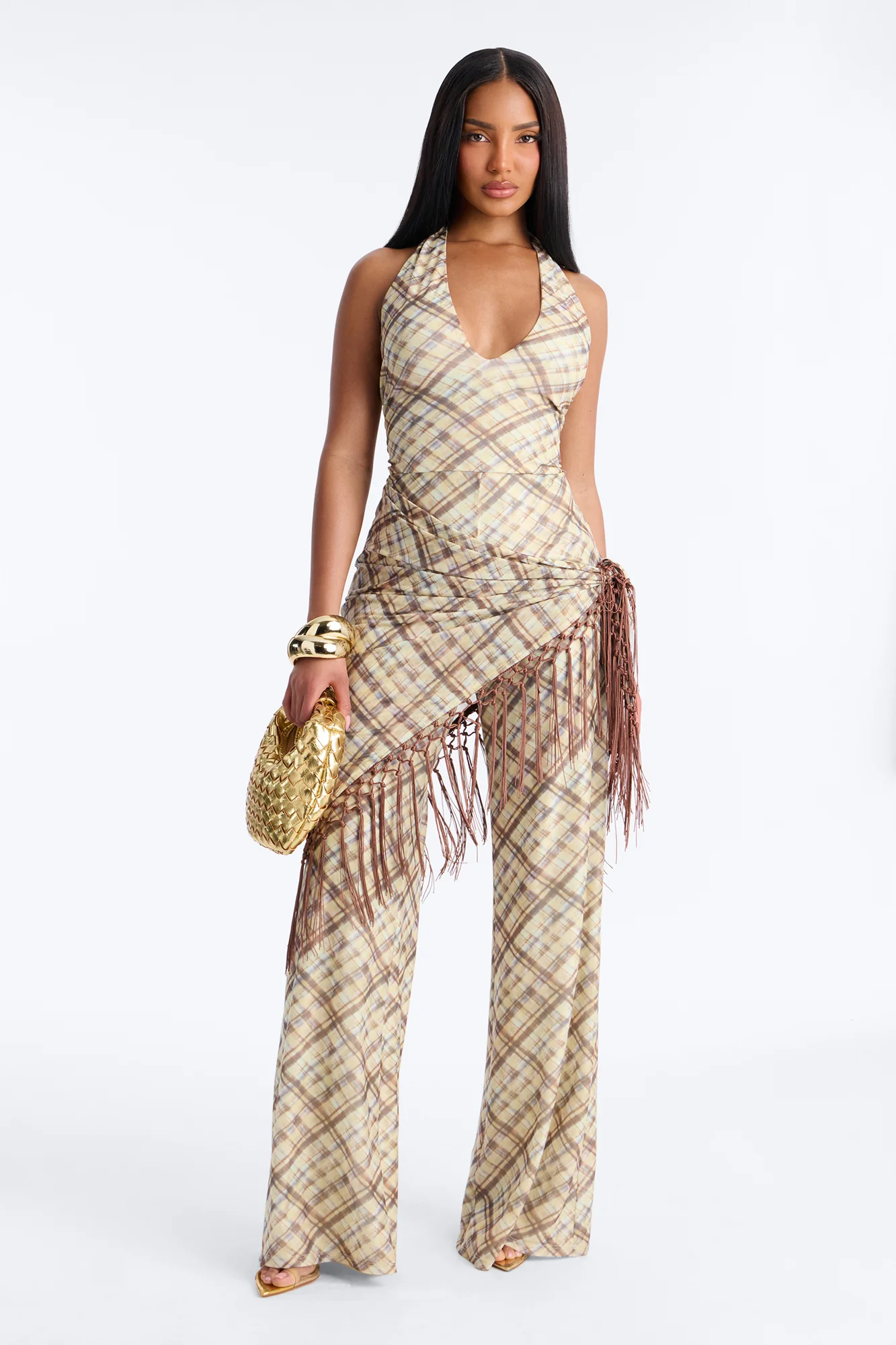 Ava Mesh Plaid Waist Scarf Jumpsuit - Brown