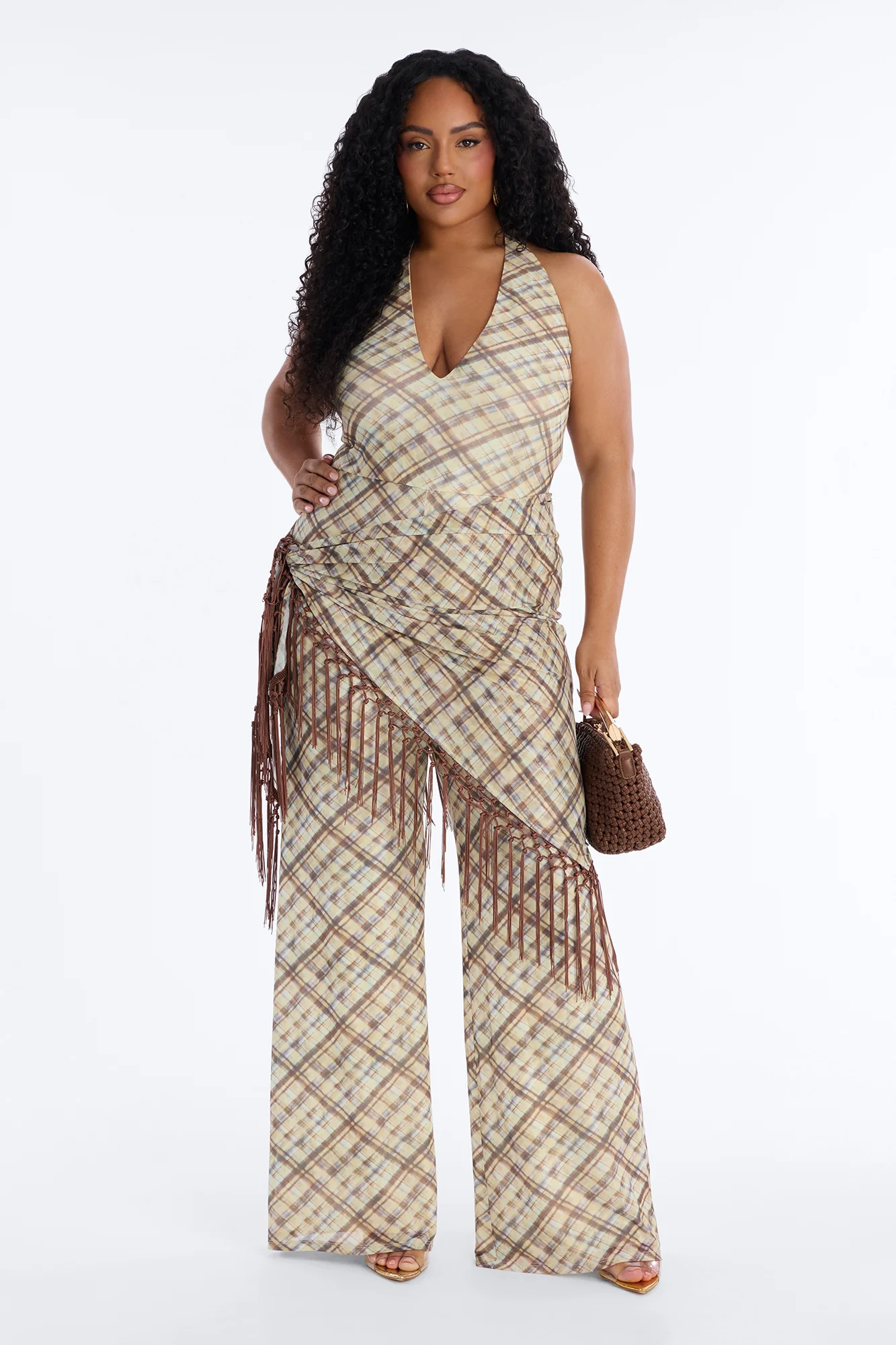 Ava Mesh Plaid Waist Scarf Jumpsuit - Brown - Image 6
