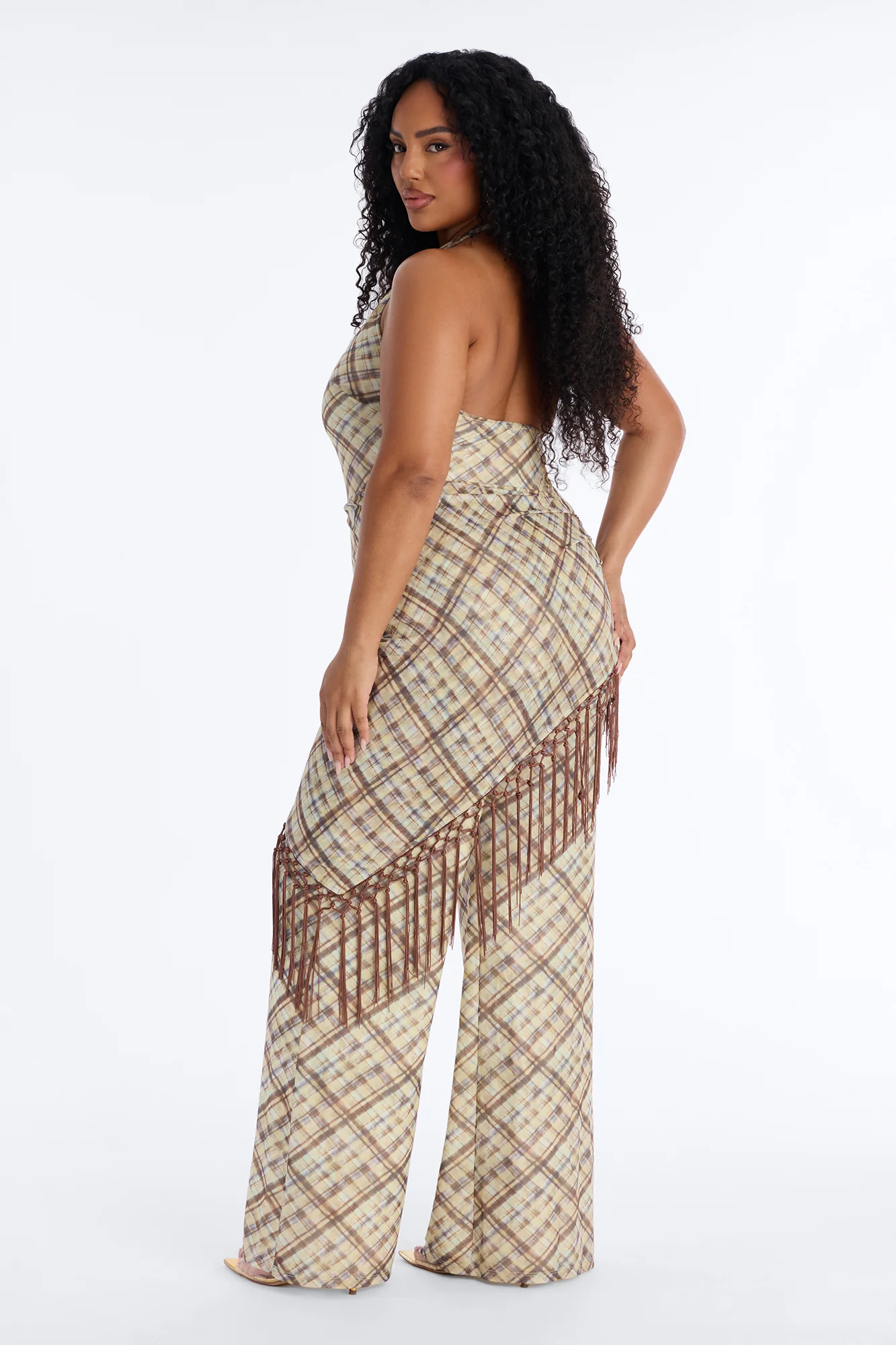 Ava Mesh Plaid Waist Scarf Jumpsuit - Brown - Image 9