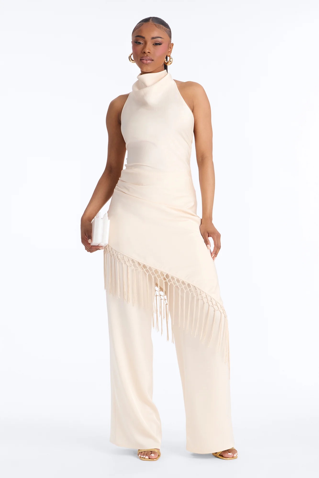 Avara Fringe Halter Pant Set - Cream