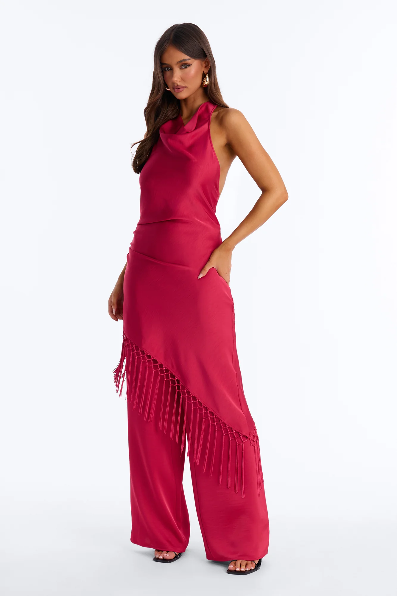 Avara Fringe Halter Pant Set - Red