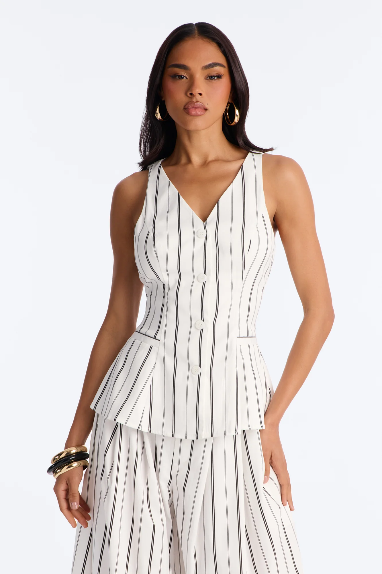 Aveena Pinstripe Vest Pant Set - White/Black - Image 2