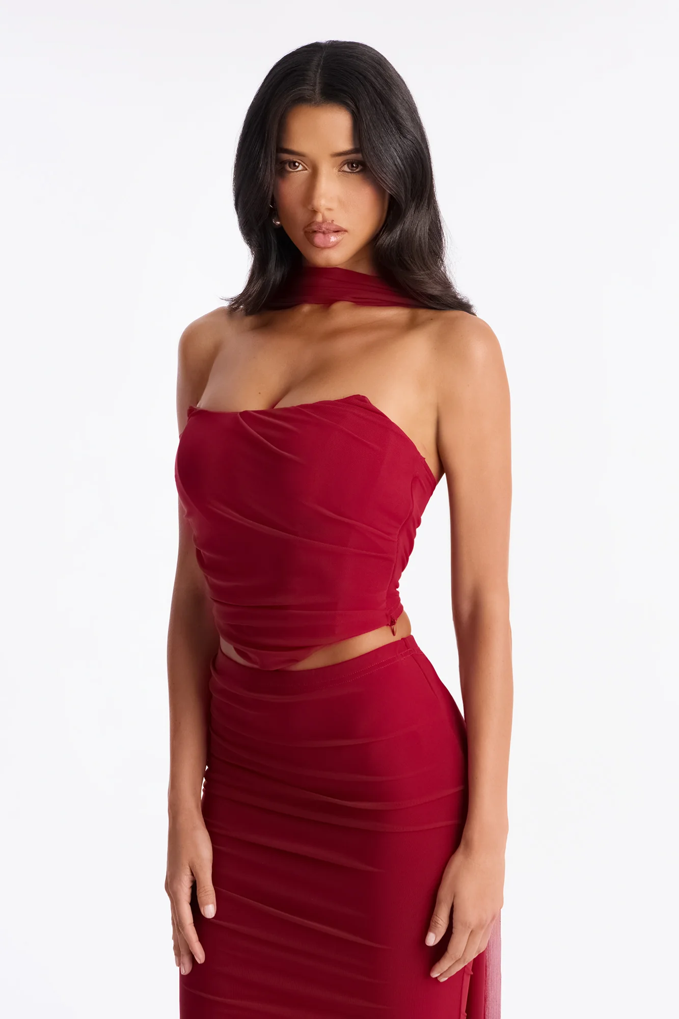 Avery Mesh Corset 3 Piece Maxi Skirt Set - Red - Image 2