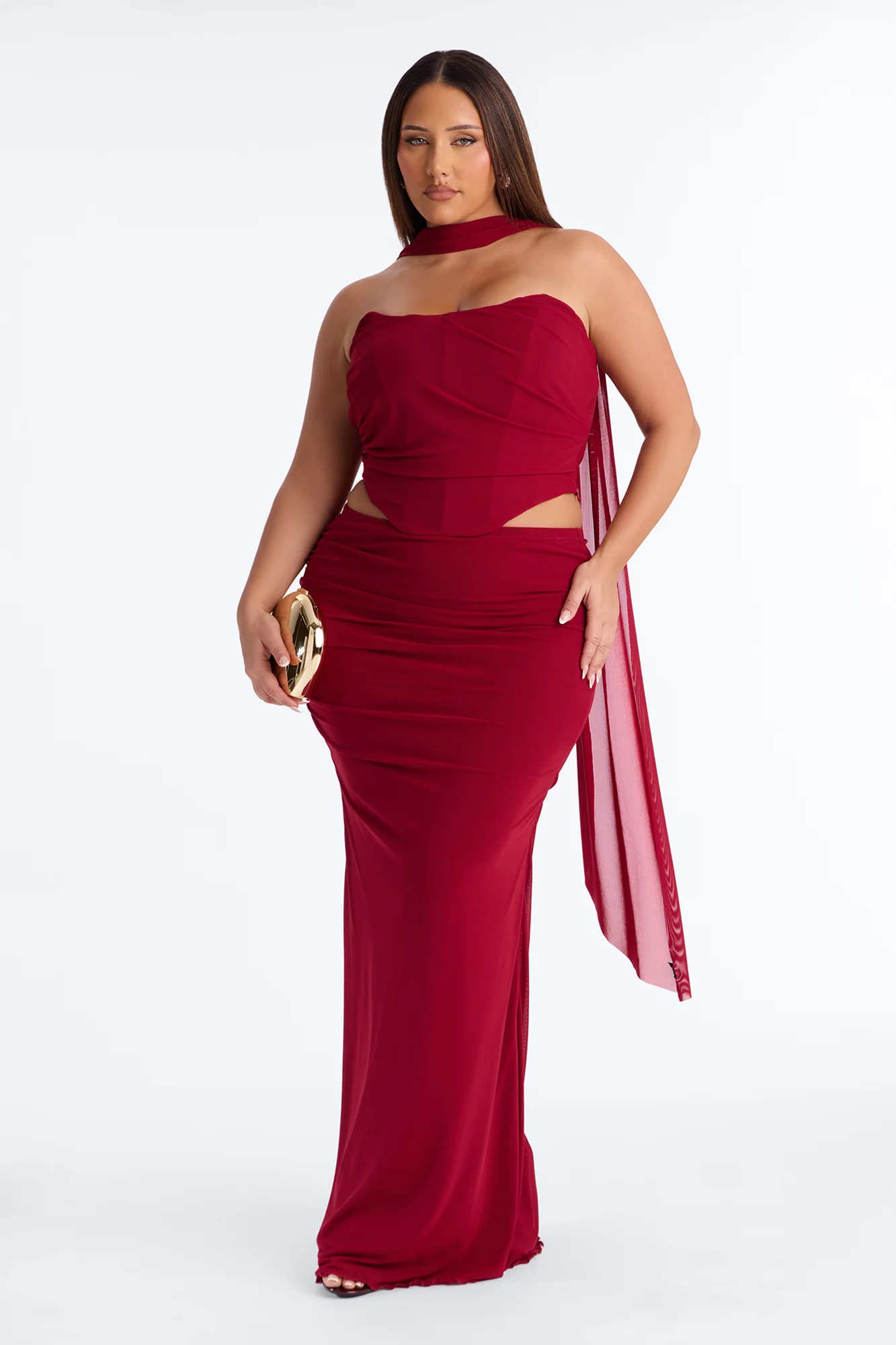 Avery Mesh Corset 3 Piece Maxi Skirt Set - Red - Image 5