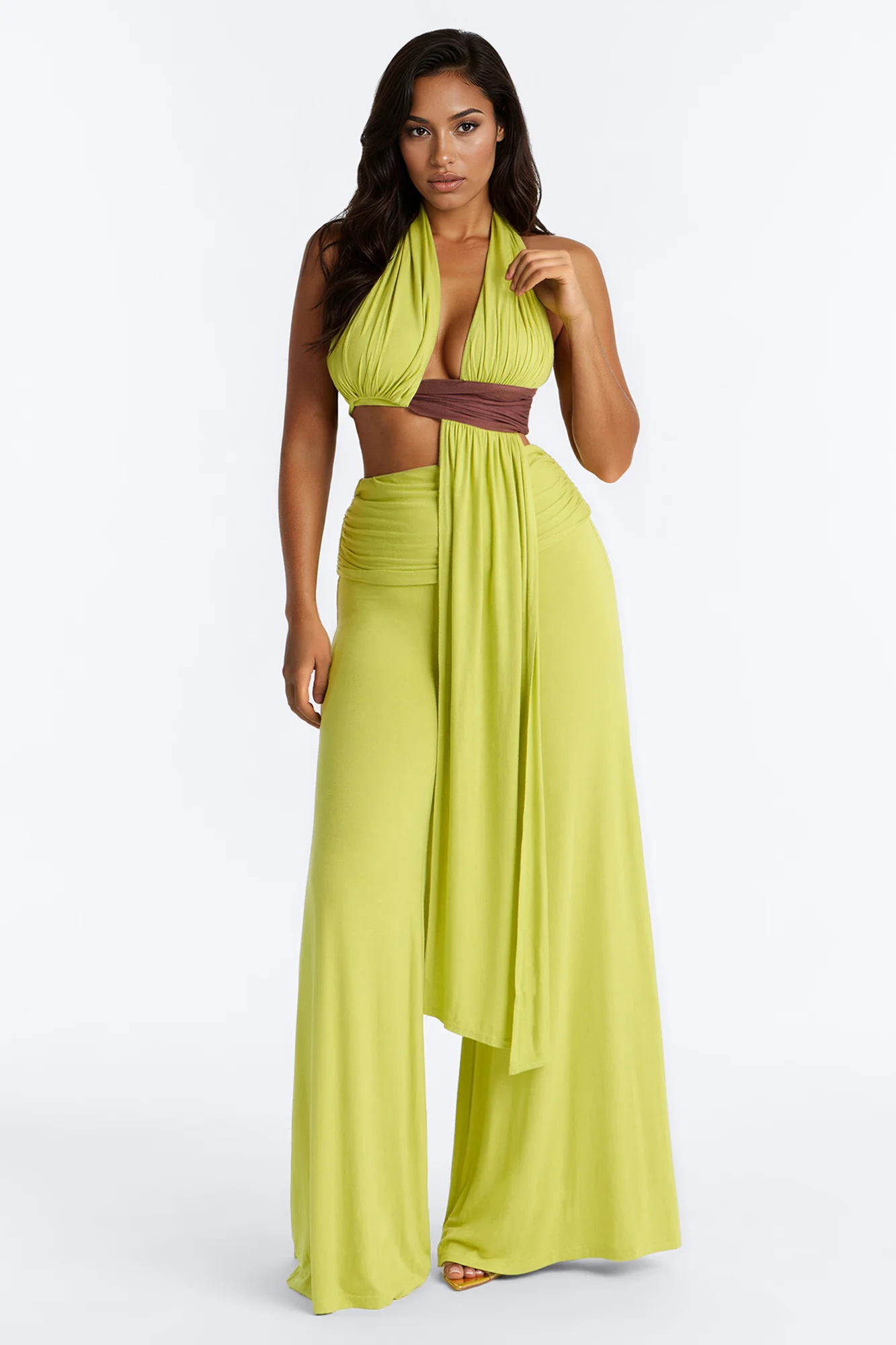 Avery Ruched Waist Pant Set - Chartreuse