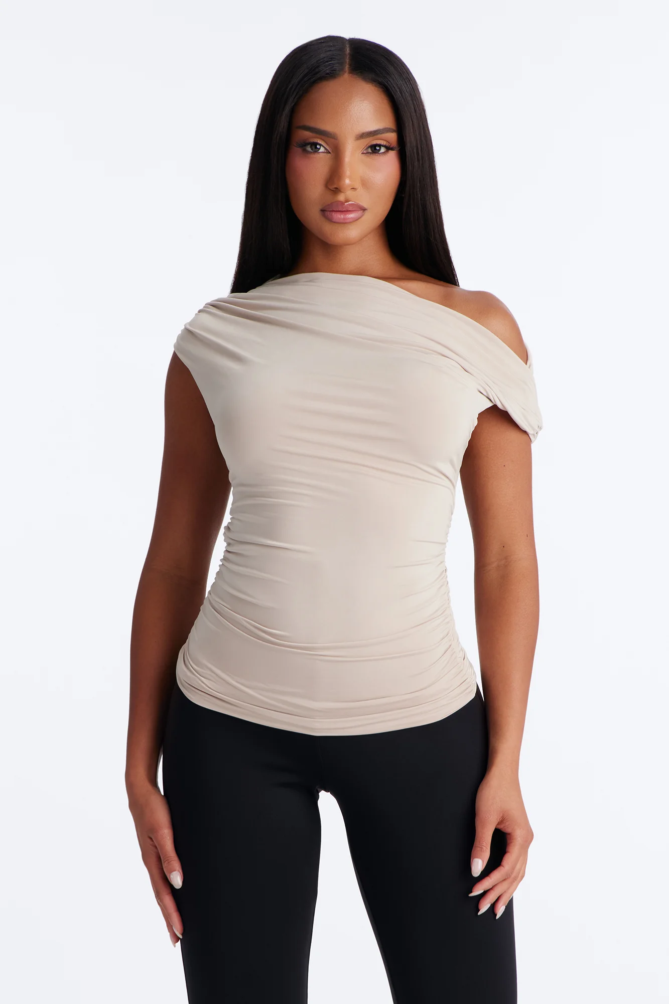 Aya Off Shoulder Twist Short Sleeve Top - Stone