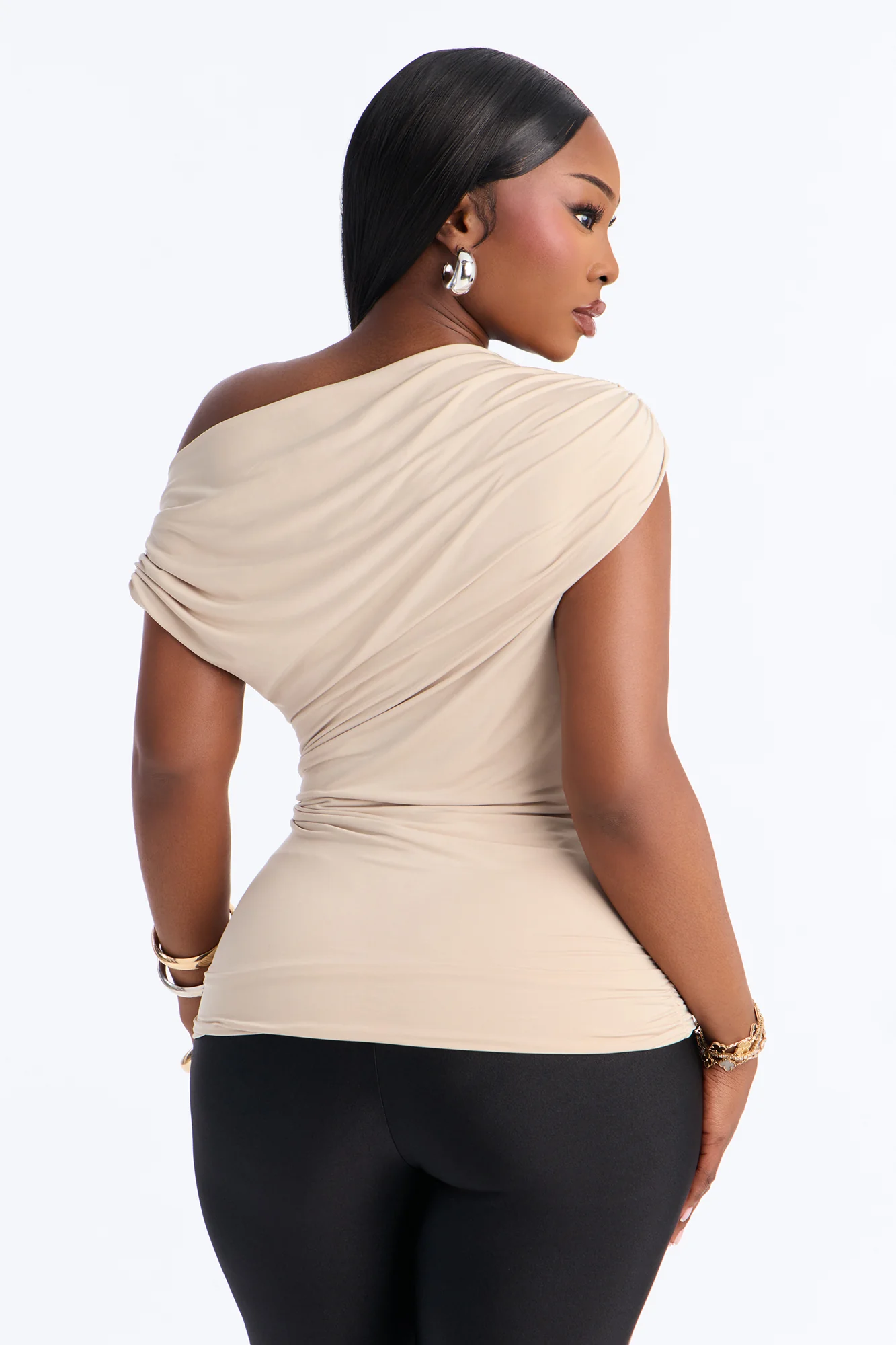 Aya Off Shoulder Twist Short Sleeve Top - Stone - Image 8