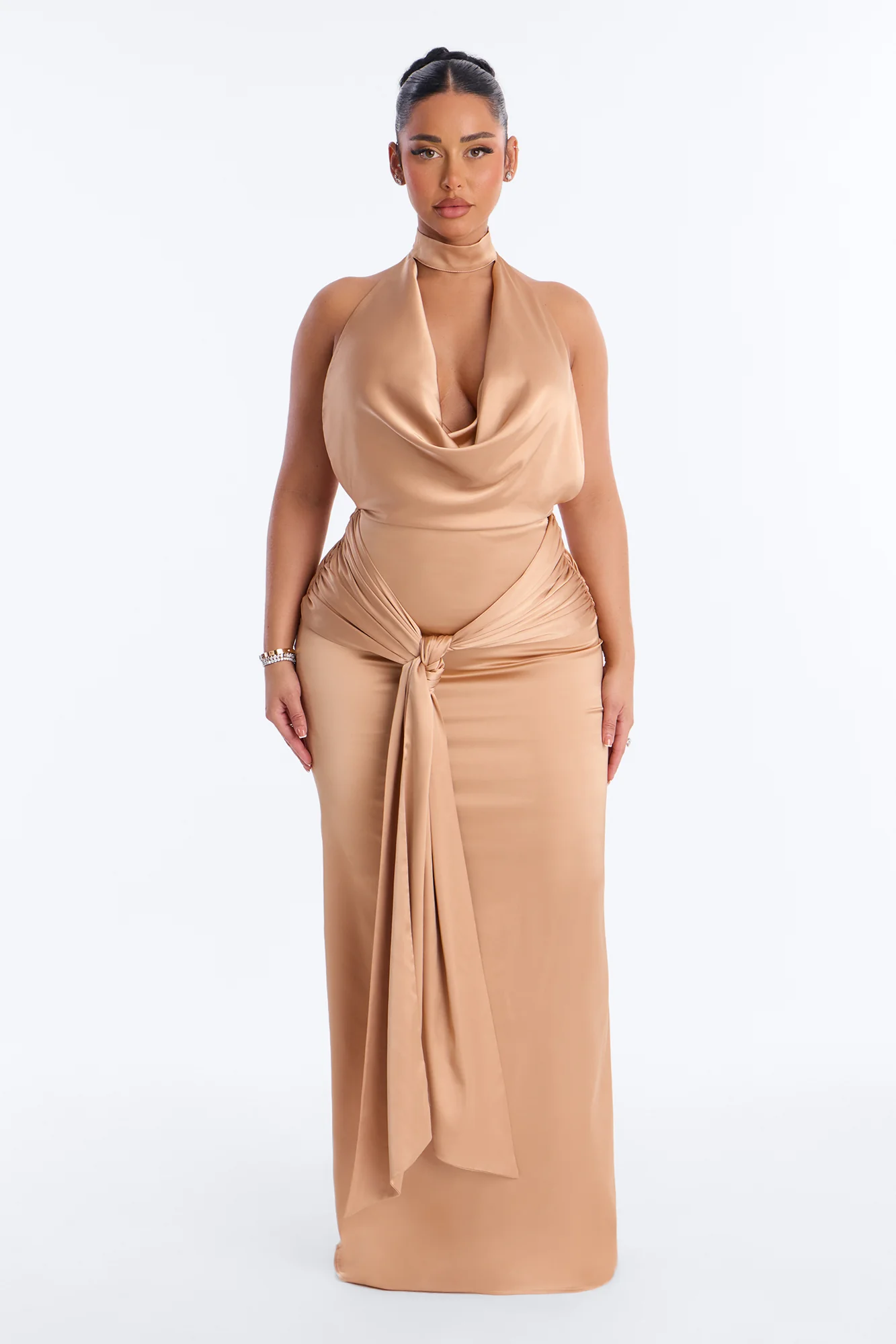 Ayla Draped Backless Satin Gown - Taupe