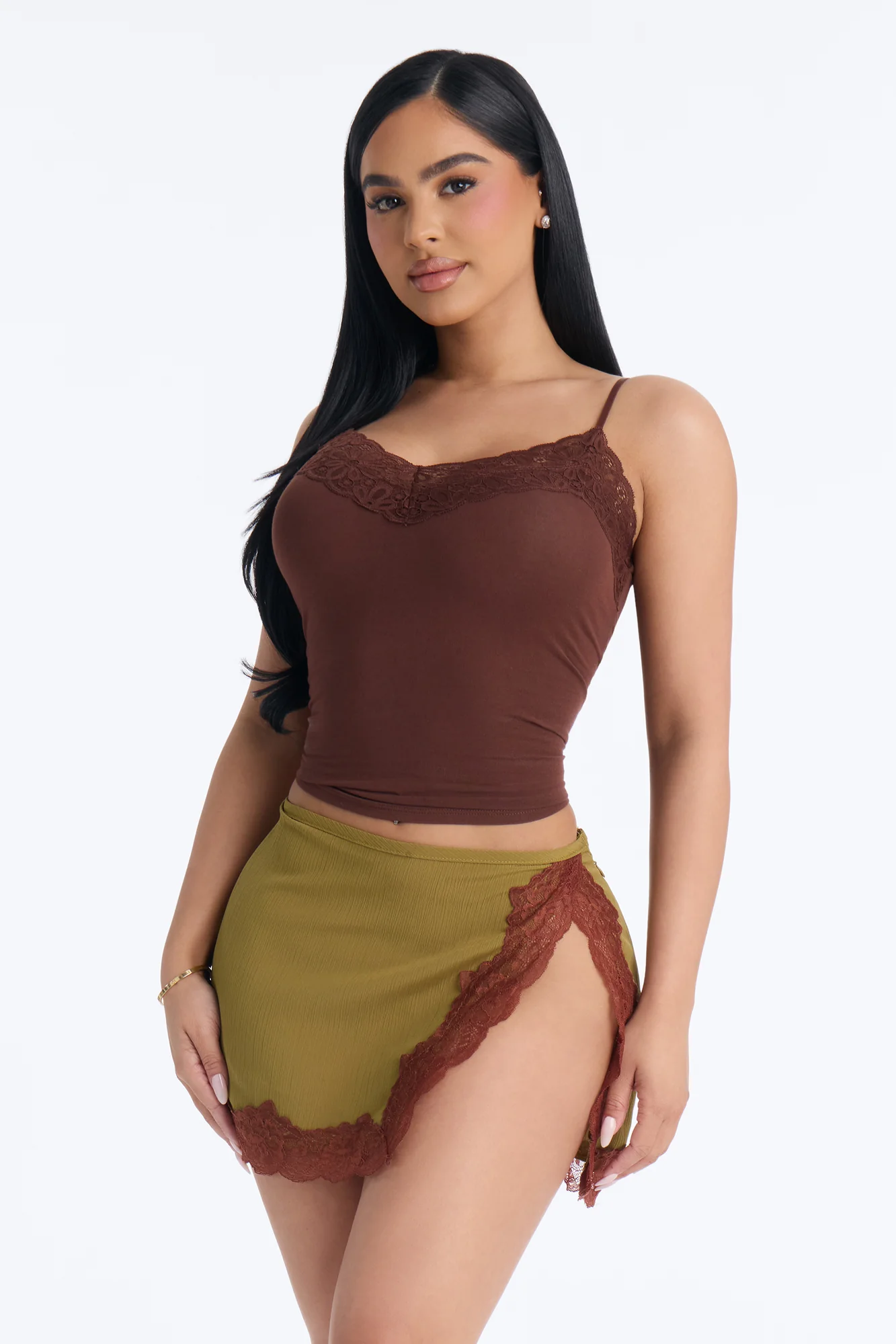 Ayla Lace Trim Basic Cami Top - Chocolate