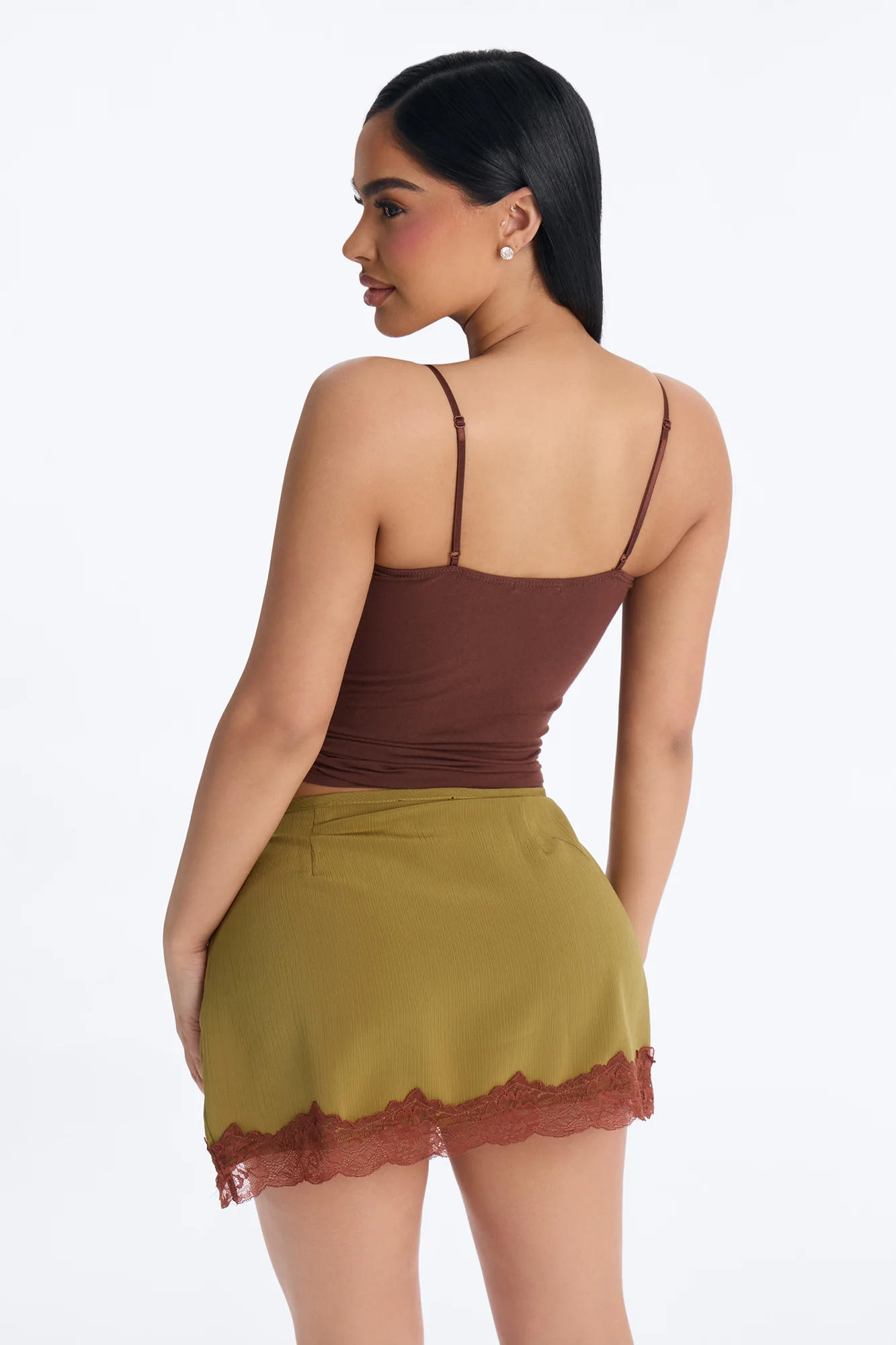 Ayla Lace Trim Basic Cami Top - Chocolate - Image 3