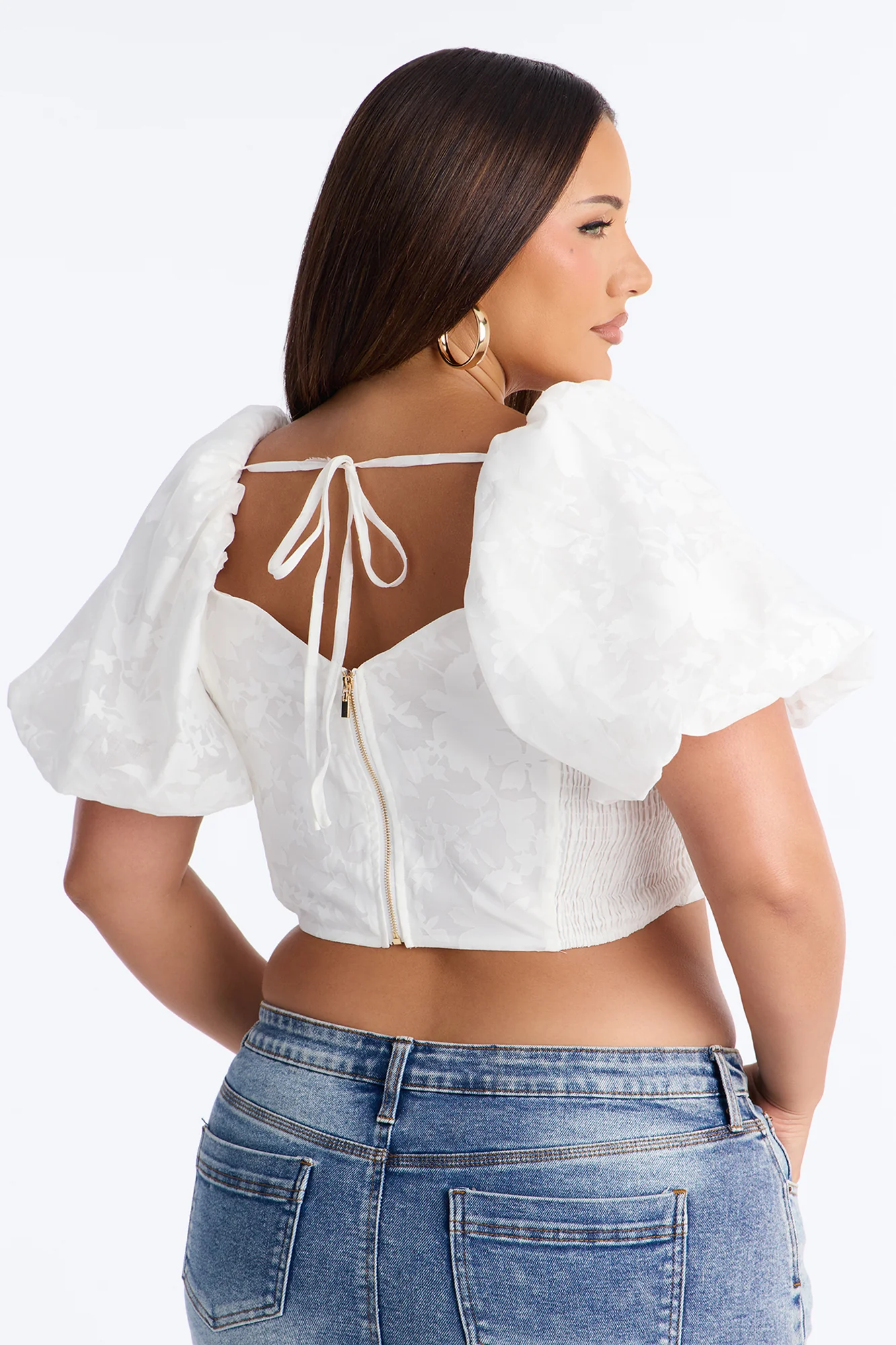 Ayla Puff Sleeve Cropped Top - White - Image 8
