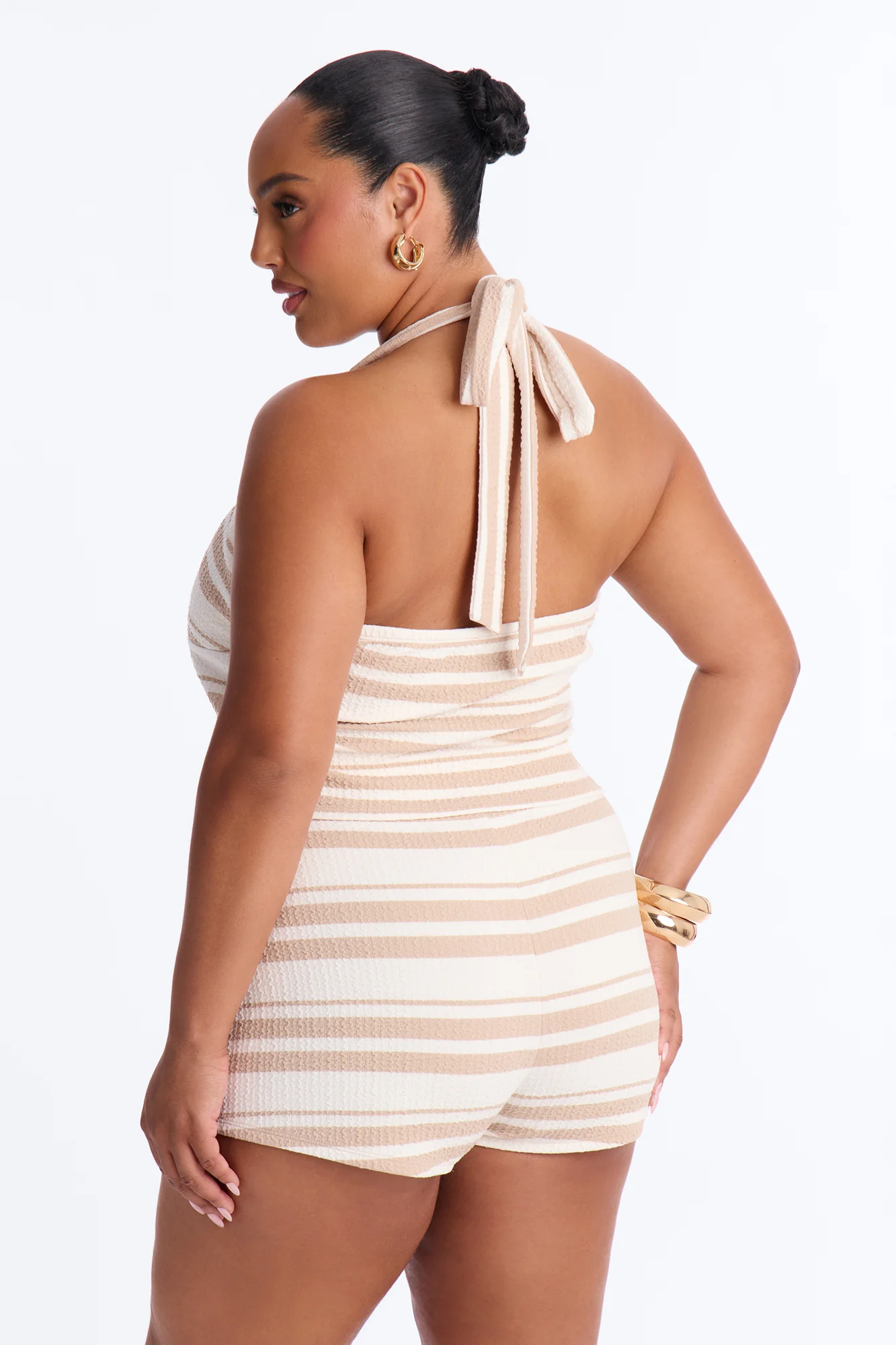 Ayla Textured Stripe Micro Short Set - Tan - Image 8