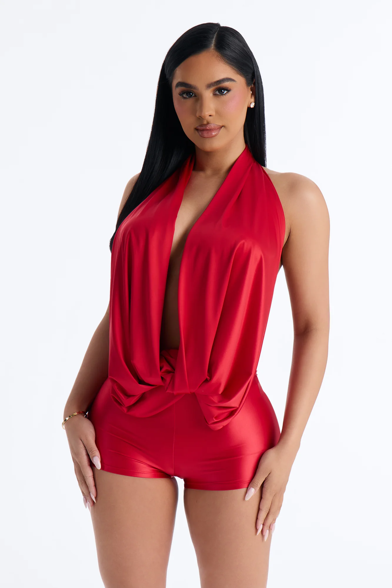 Aylie Plunge Backless Romper - Red