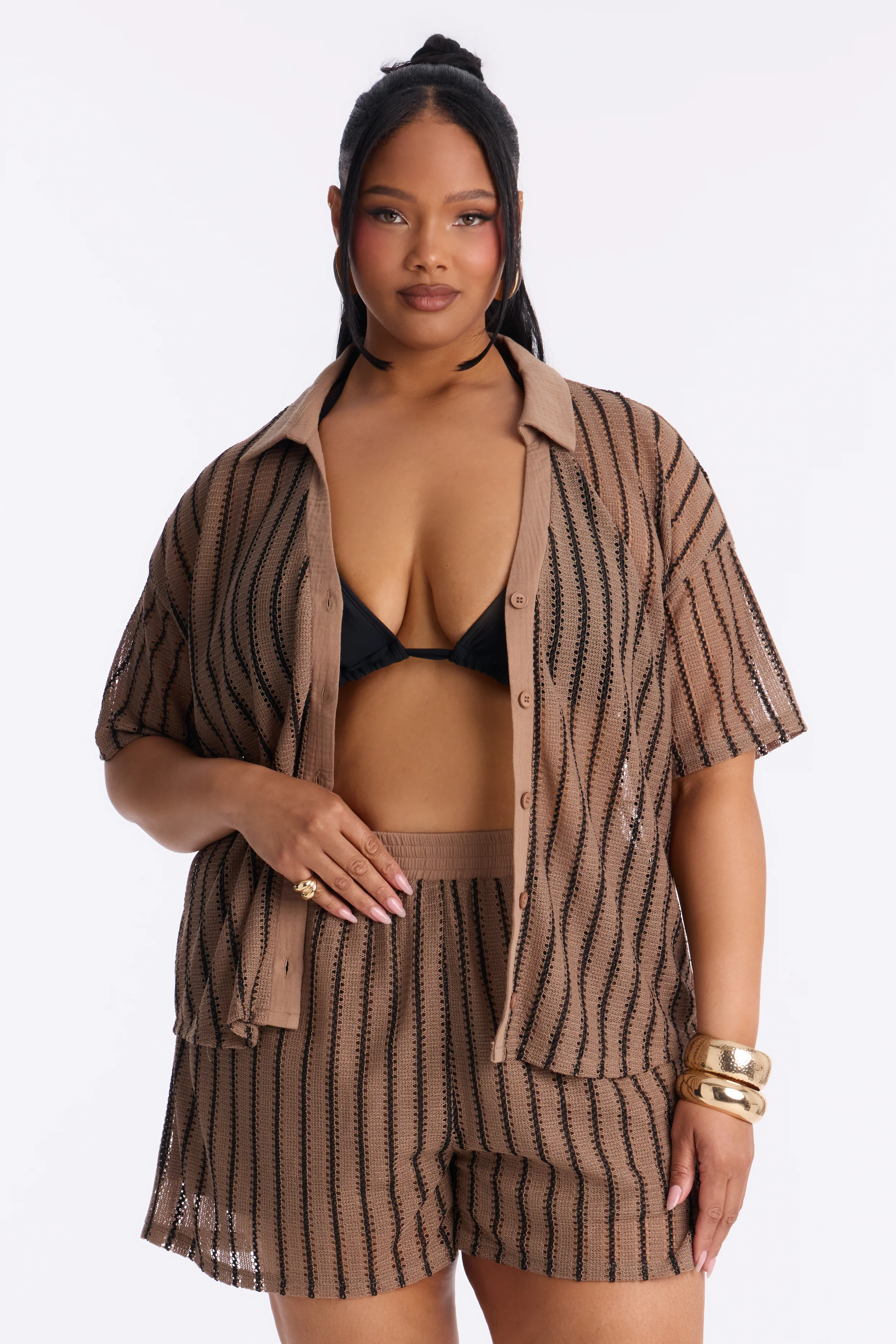 Azura Striped Crochet Short Set - Brown - Image 5
