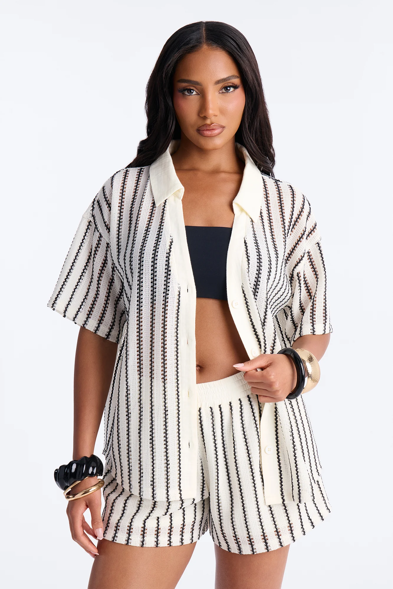Azura Striped Crochet Short Set - Off White
