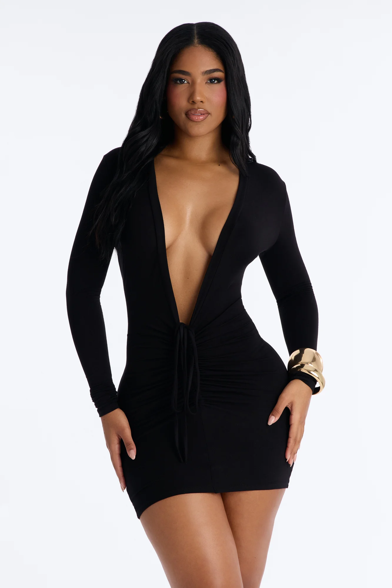 Baddie Core Deep V-Neck Mini Dress - Black