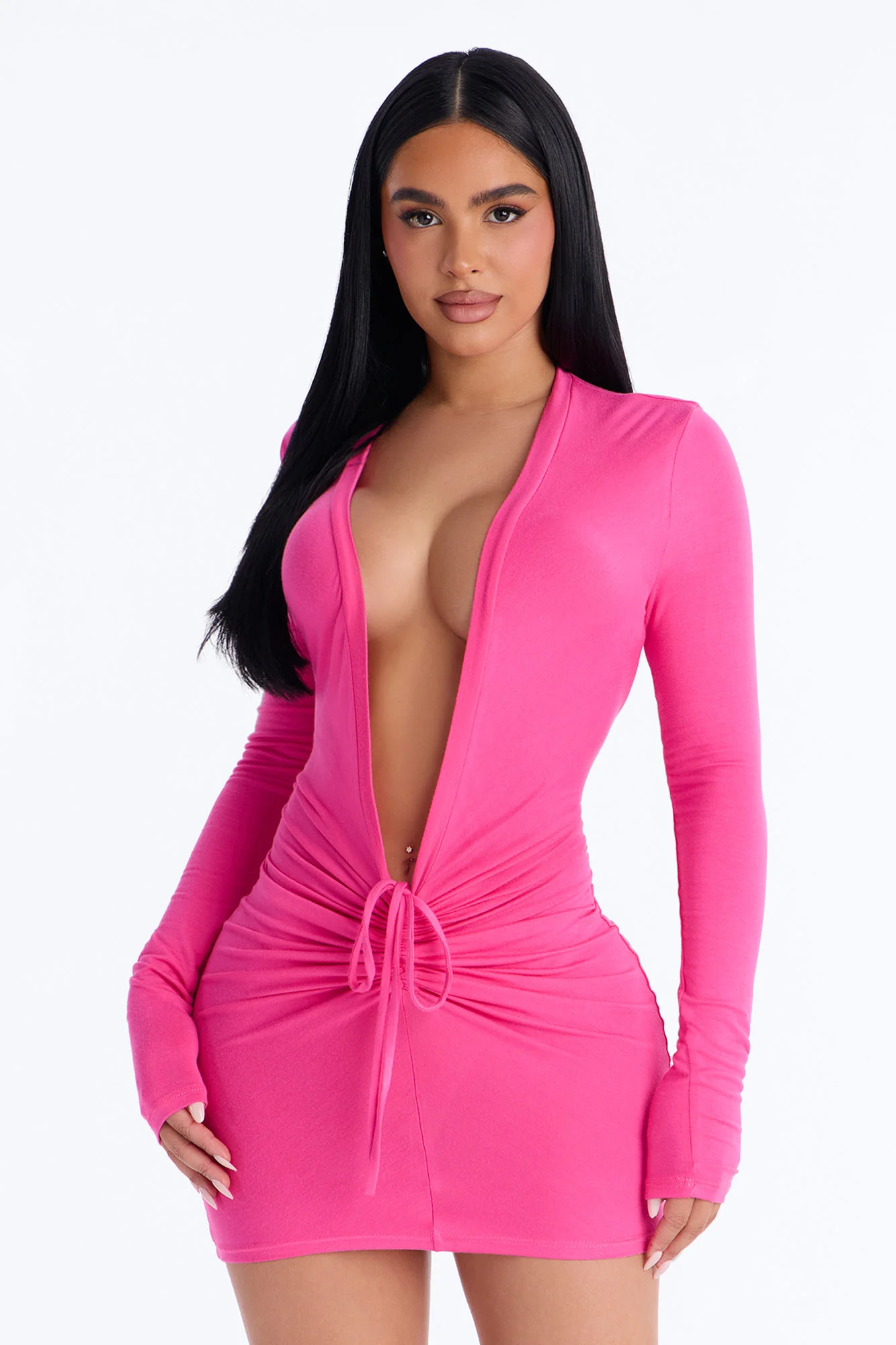 Baddie Core Deep V-Neck Mini Dress - Hot Pink
