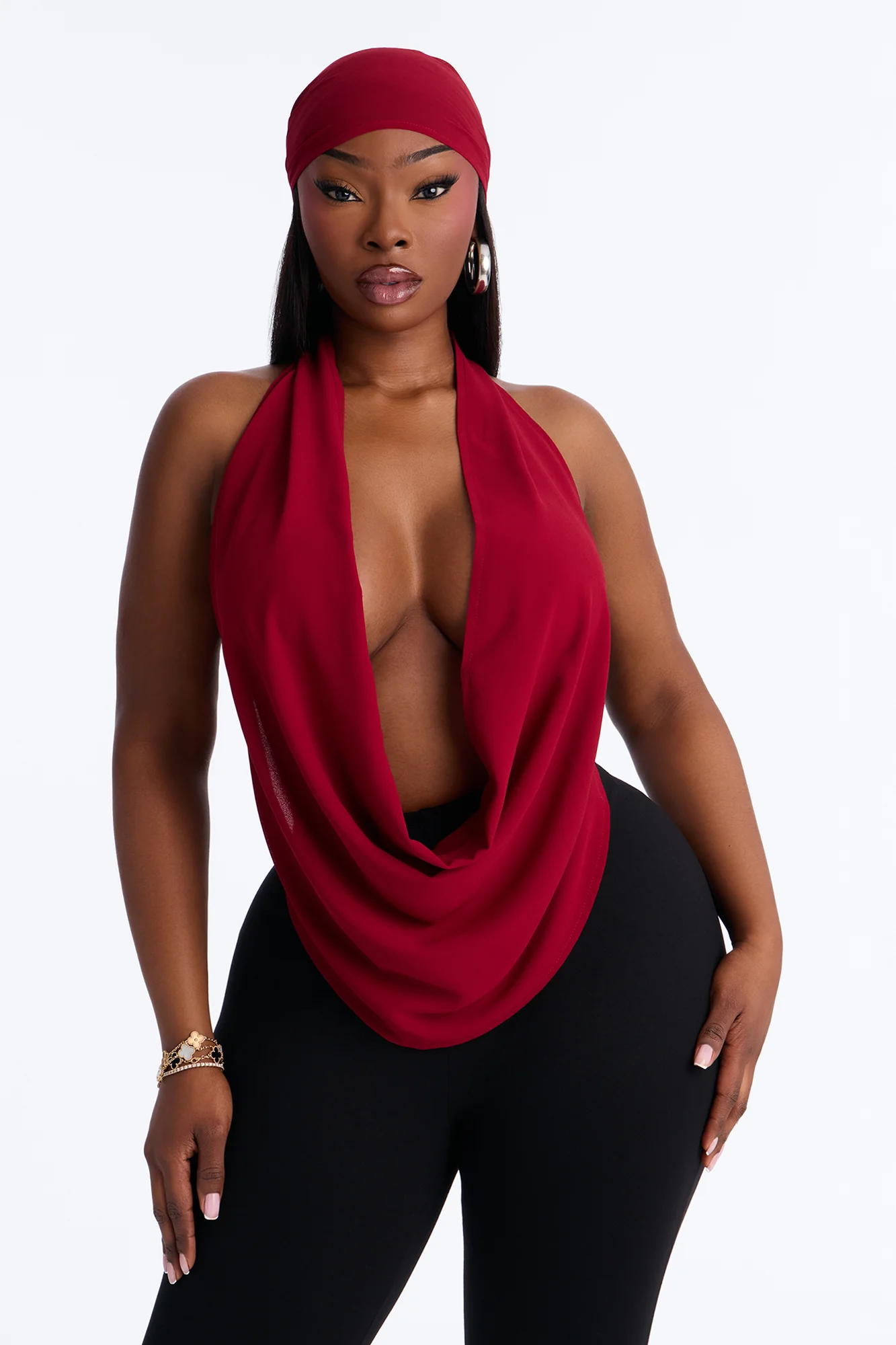 Baddie Energy Head Wrap Top 2 Piece Set - DarkRed - Image 2