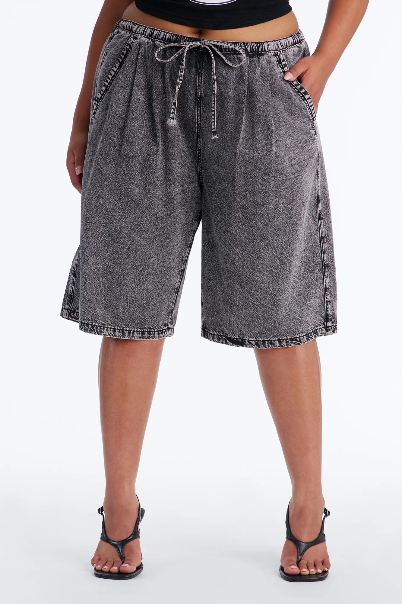 Baeside Tie Waist Denim Jorts - Black Wash - Image 5