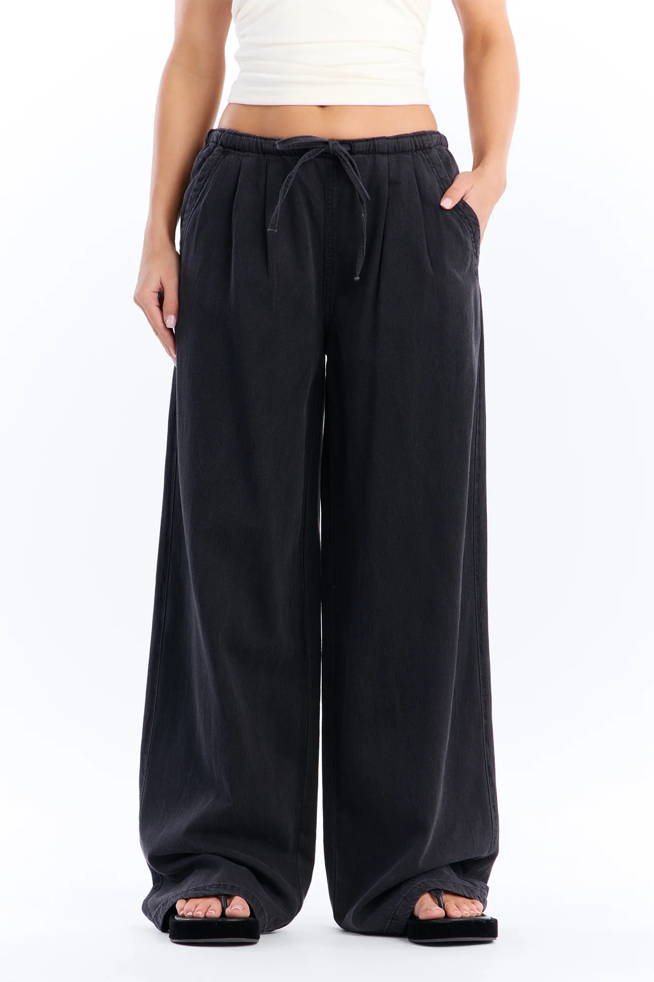 Baeside Tie Waist Wide Leg Jeans - Black - Image 2