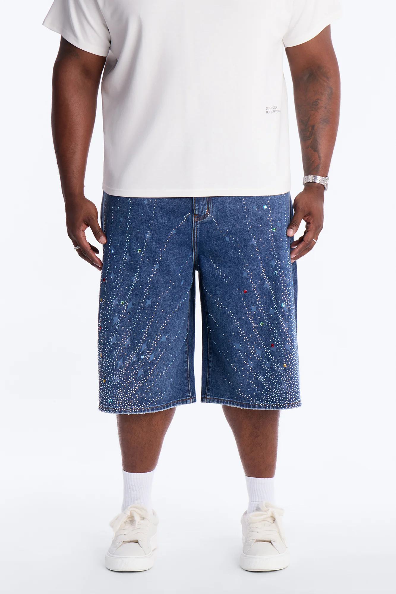 Baggy Cascade Jeweled Denim Shorts - Dark Wash - Image 5