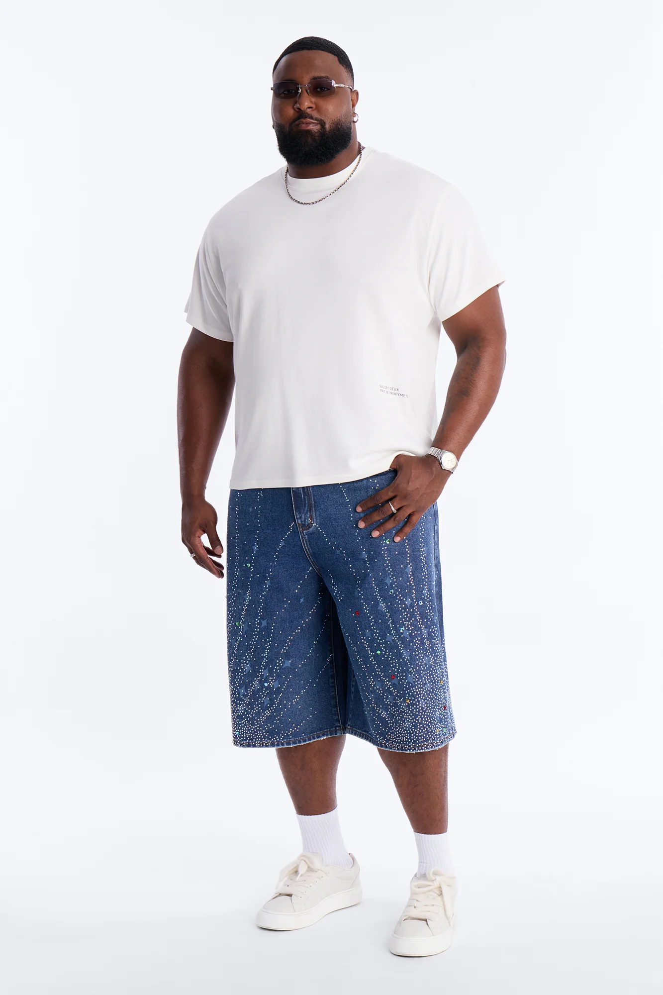 Baggy Cascade Jeweled Denim Shorts - Dark Wash - Image 6