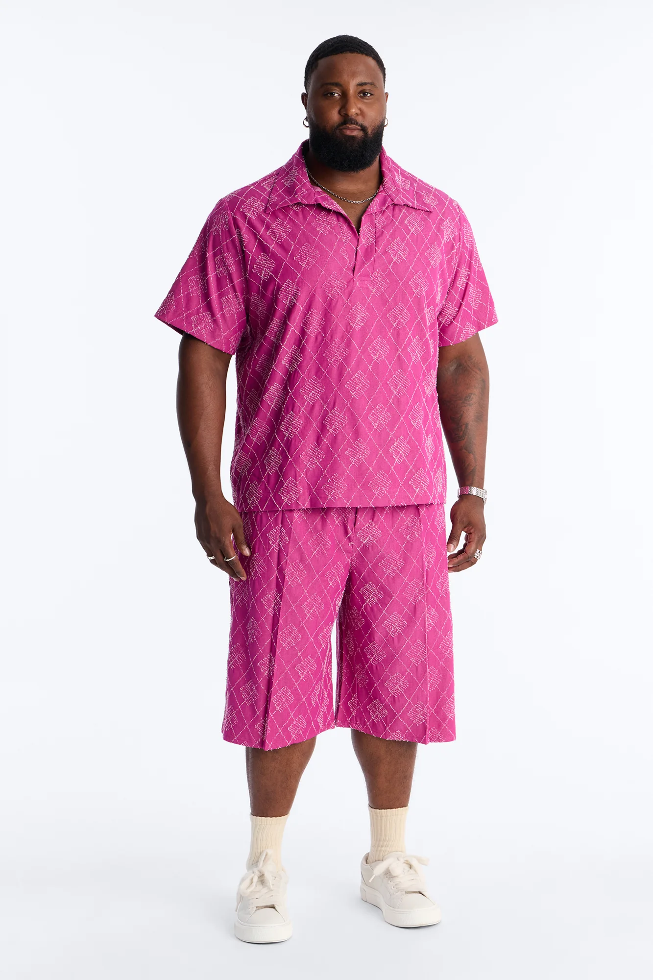 Baggy Diamond Frayed Jacquard Long Short - Magenta - Image 2