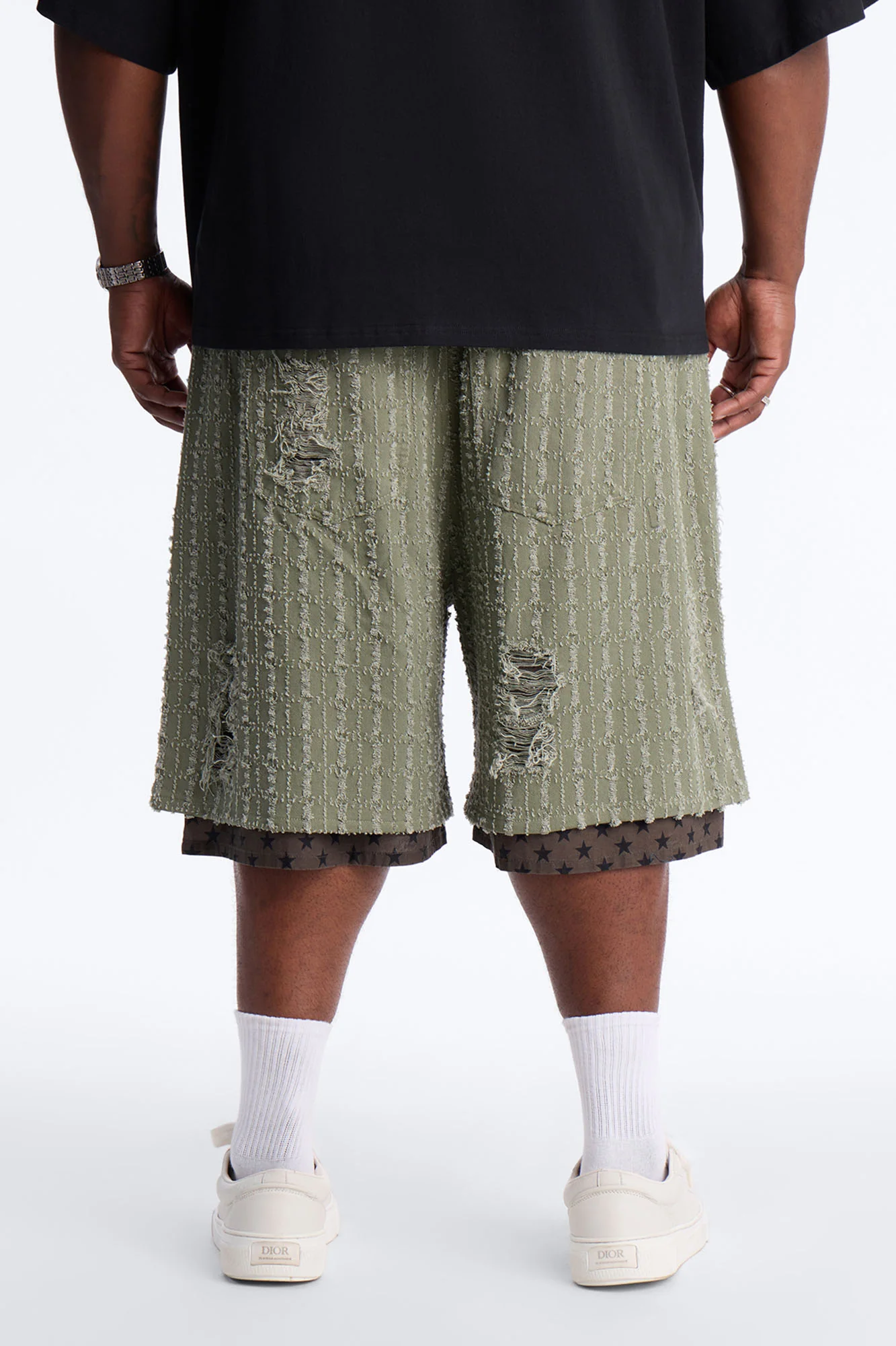 Baggy Double Waisted Stars And Distressed Short - Olive - Image 10