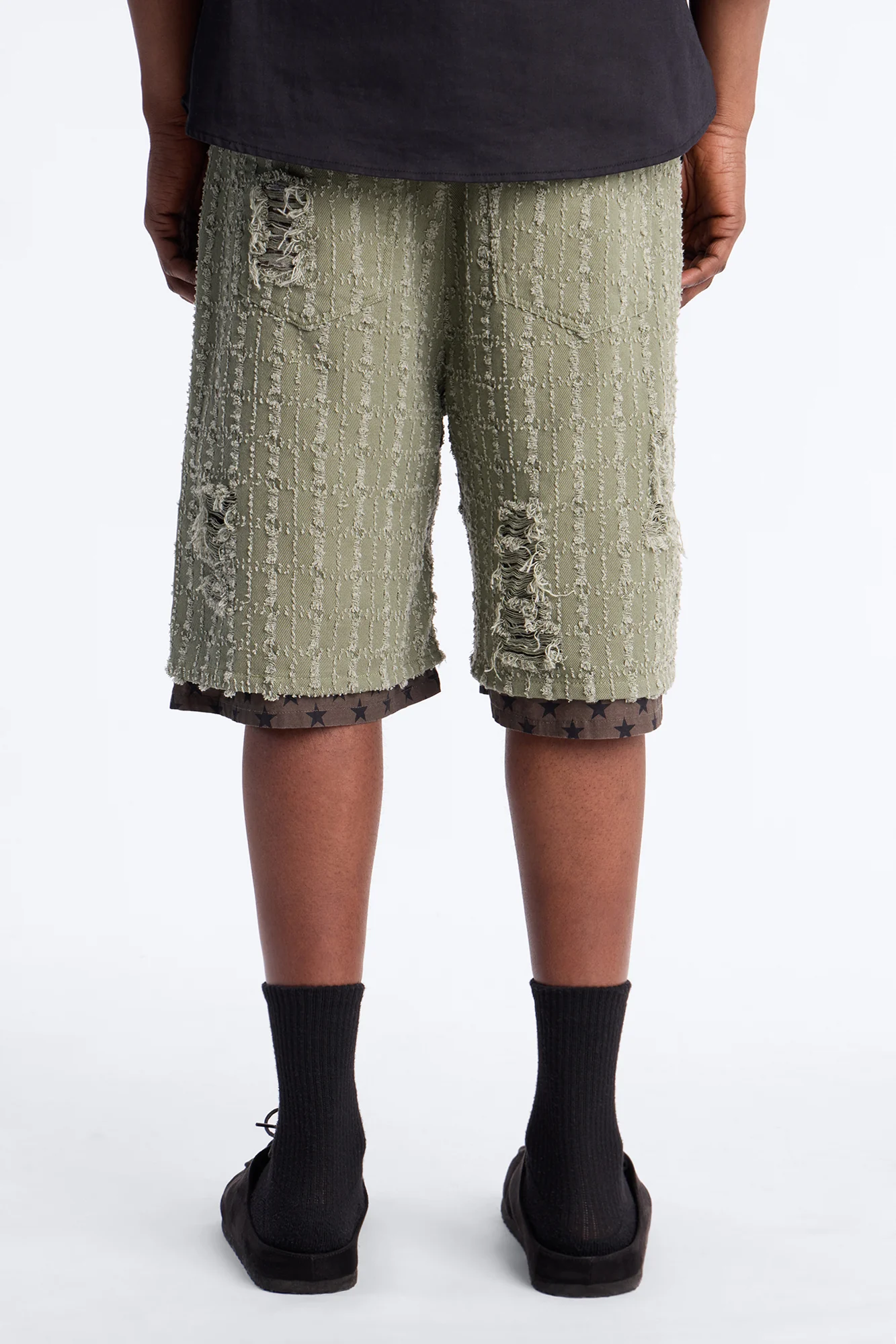 Baggy Double Waisted Stars And Distressed Short - Olive - Image 5