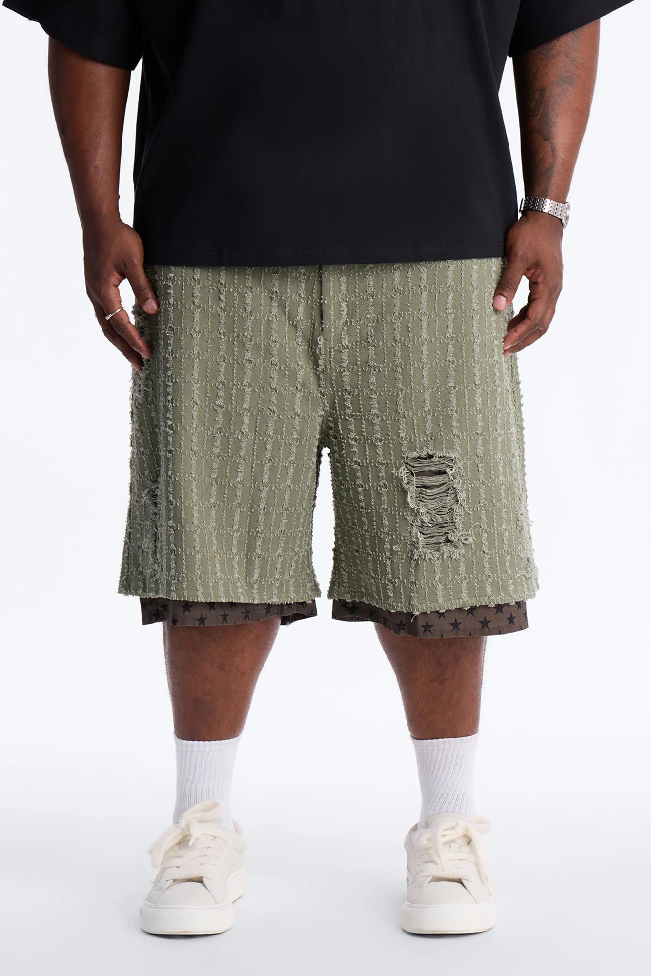 Baggy Double Waisted Stars And Distressed Short - Olive - Image 7