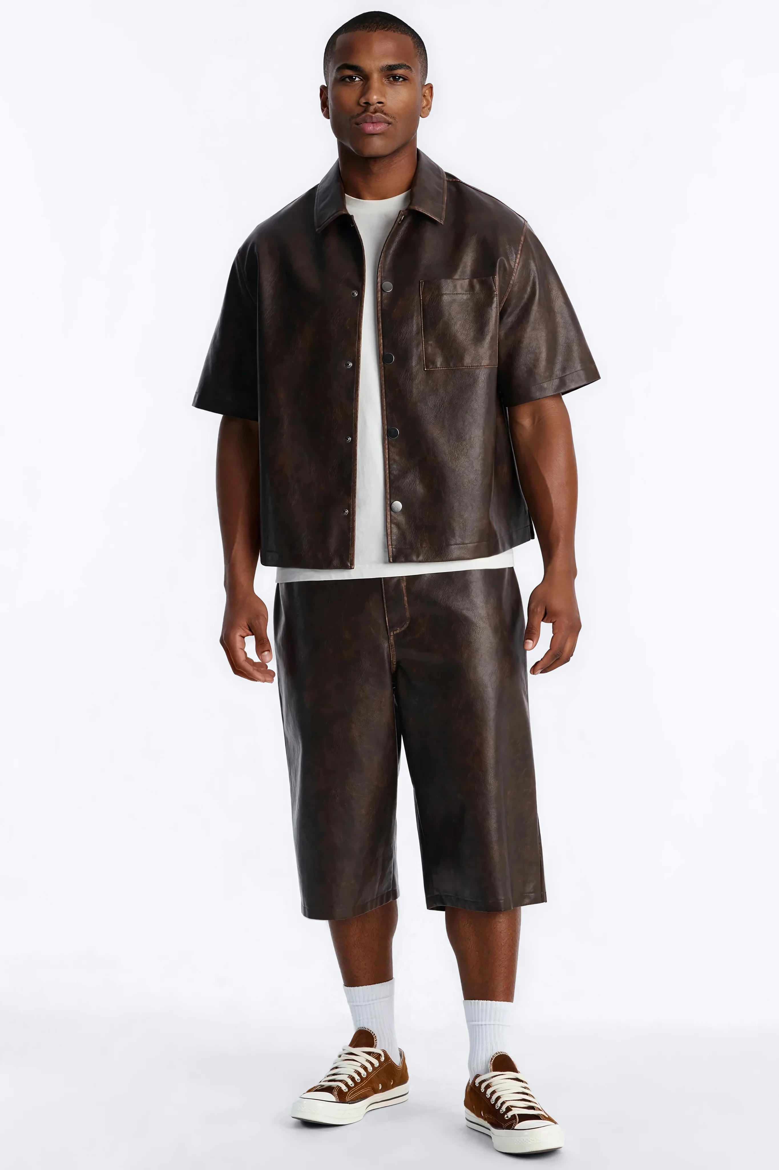 Baggy Fordham Front Faux Leather Short - Brown - Image 2